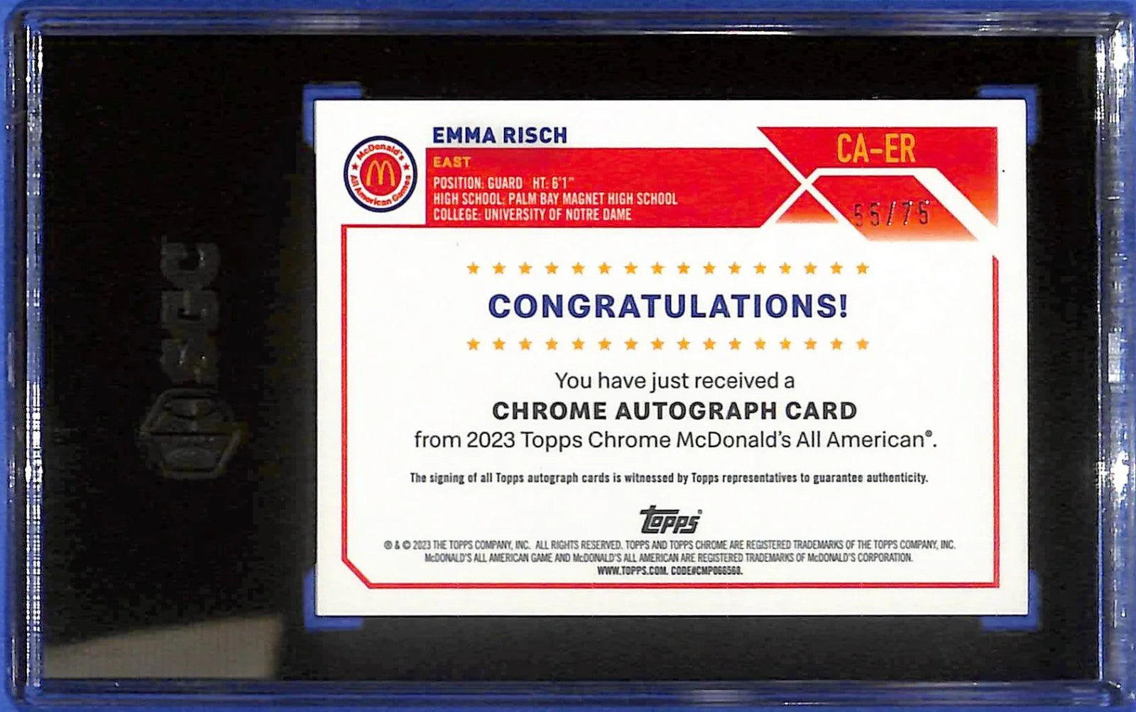 2023 Topps Chrome McDonald's A.A. Emma Risch Auto Yellow Refractor #/75 SGC 9.5