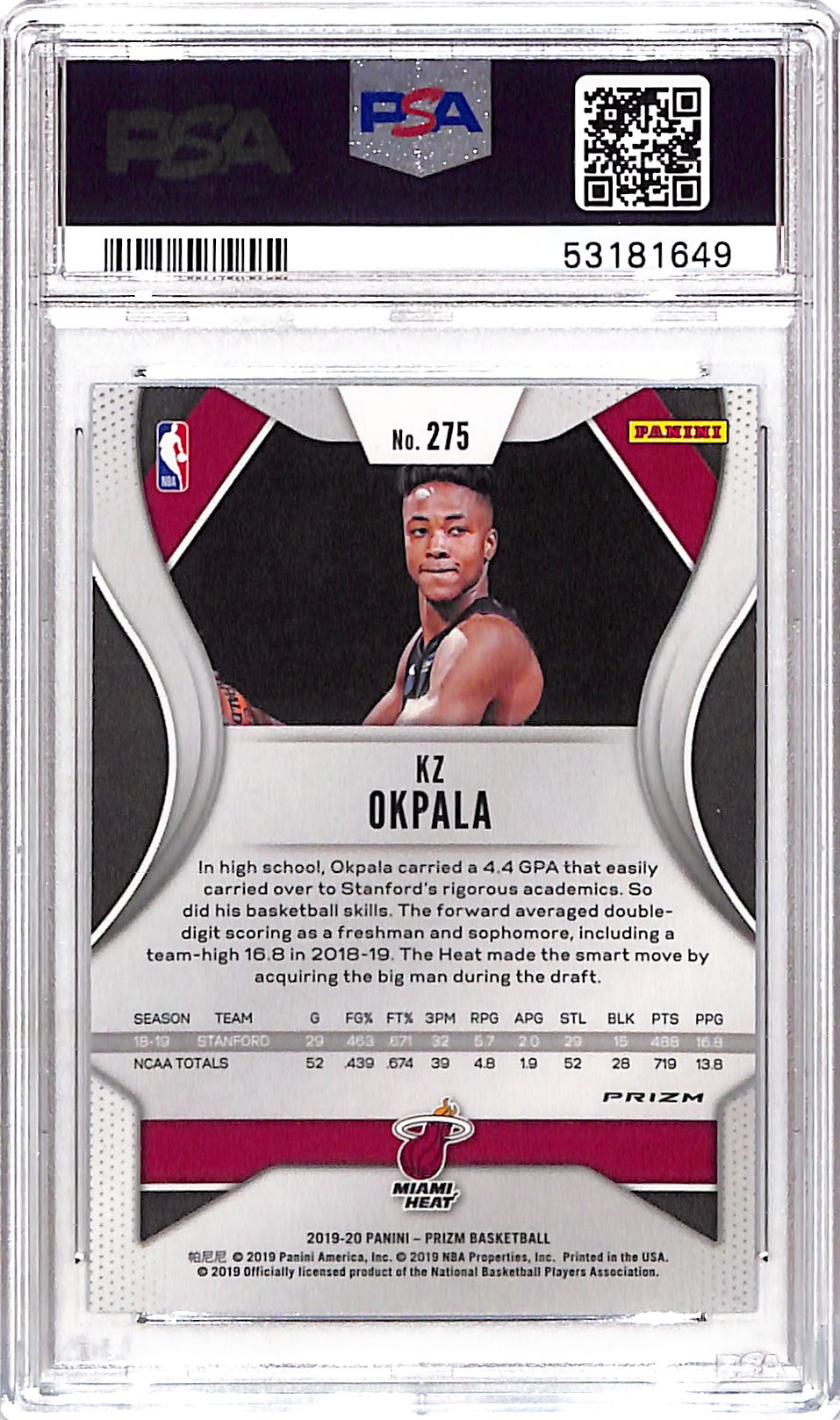 2019 Panini Prizm KZ Okpala #275 Silver PSA 8