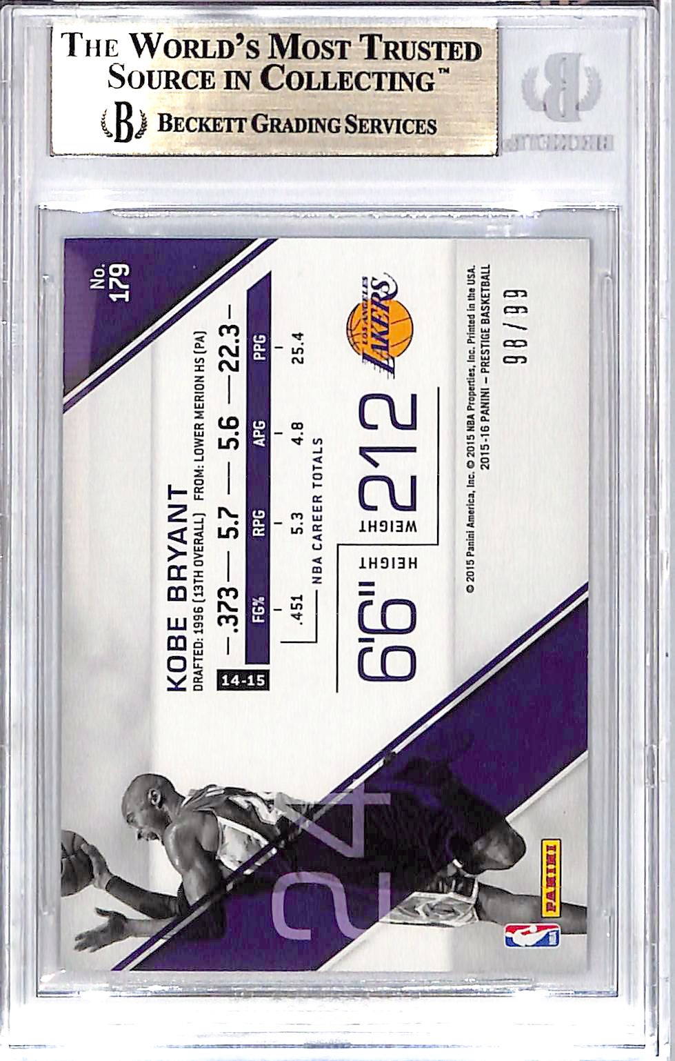 2015-16 Panini Prestige Kobe Bryant Bonus Shots Blue /99 #179 BGS 9.5 Lakers