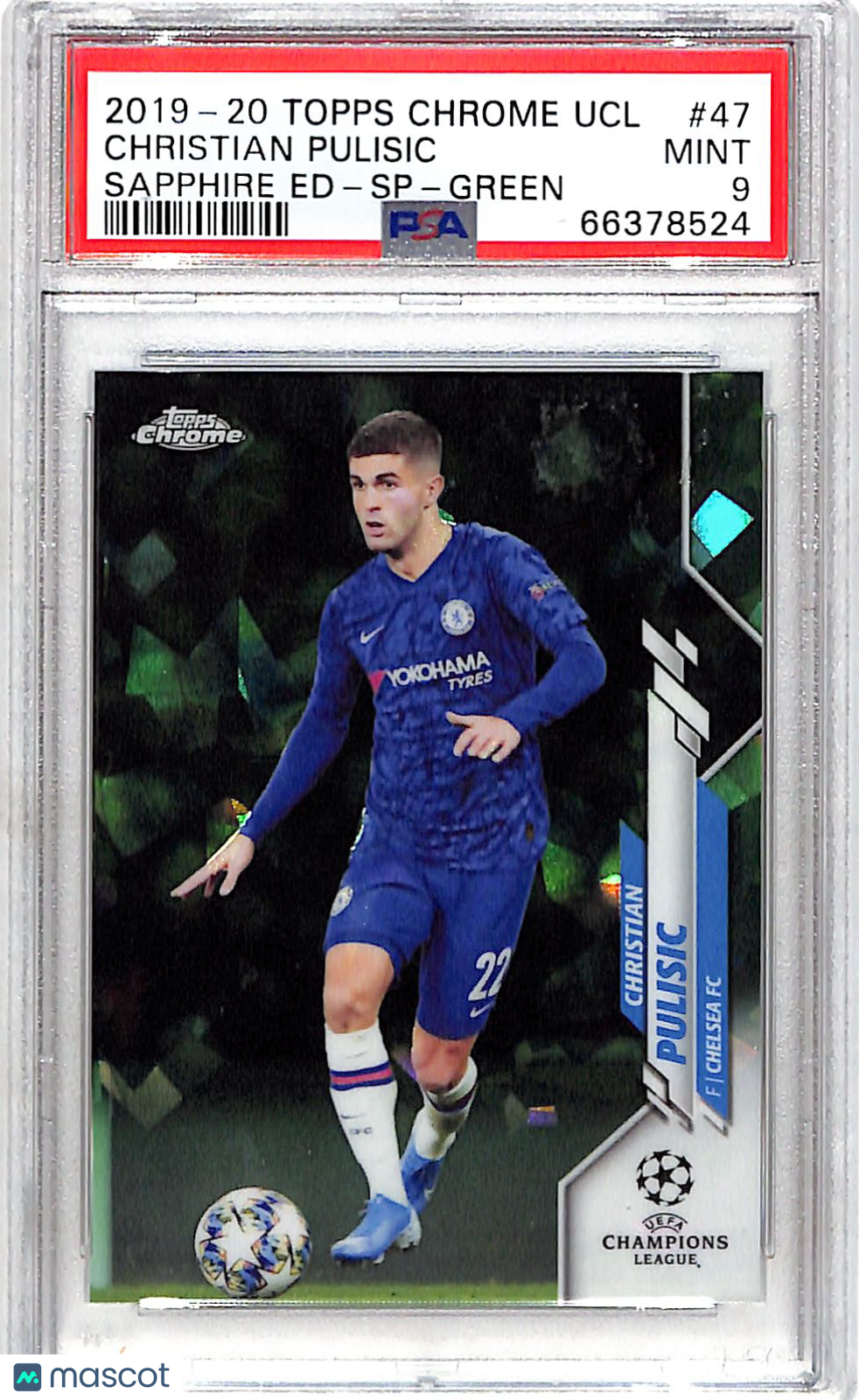 2019 Topps Chrome UEFA Sapphire Christian Pulisic SP Green /75 #47 PSA 9 Chelsea