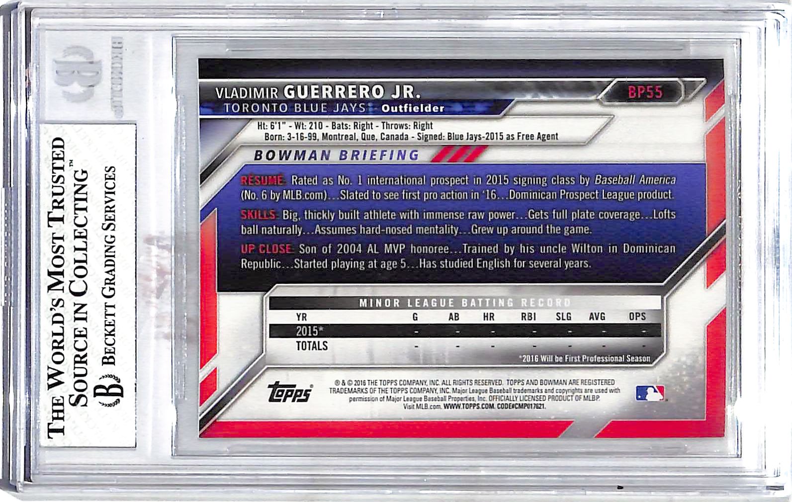 2016 Bowman Prospects Vladimir Guerrero Jr. #BP55 BGS 7.5