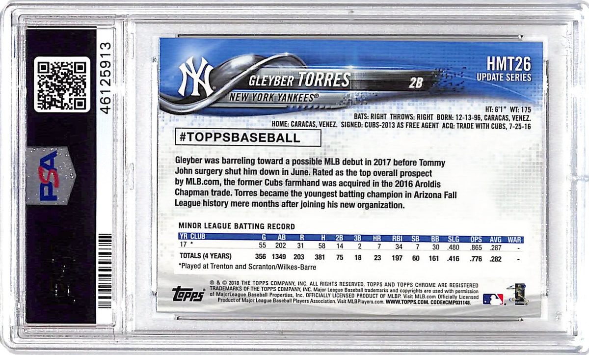 2018 Topps Chrome Update Gleyber Torres Rookie #HMT26 PSA 10 New York Yankees