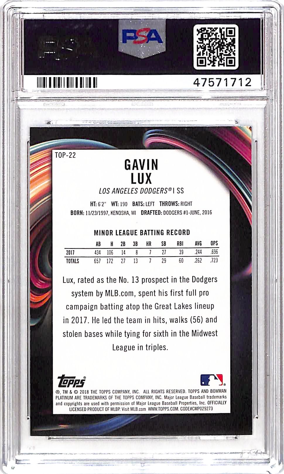 2018 Bowman Platinum Top Prospects Gavin Lux #22 PSA 10