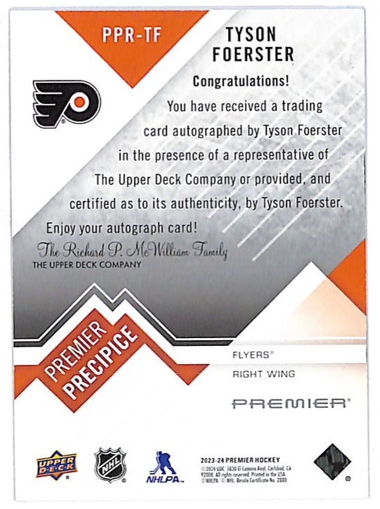 2023-24 Upper Deck Premier Precipice Tyson Foerster Rookie Auto #PPR-TF Flyers