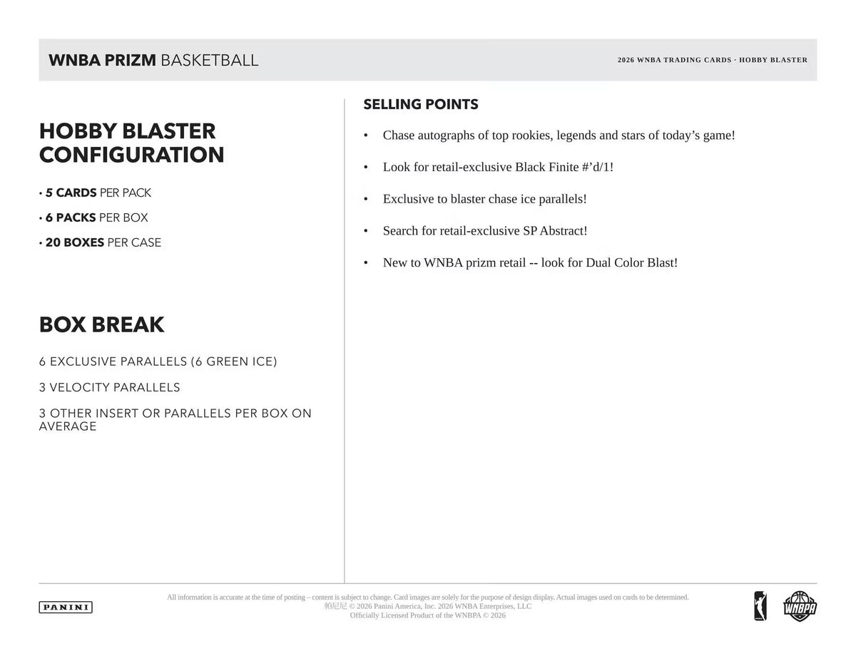 2026 Panini Prizm WNBA Basketball Hobby Blaster Box