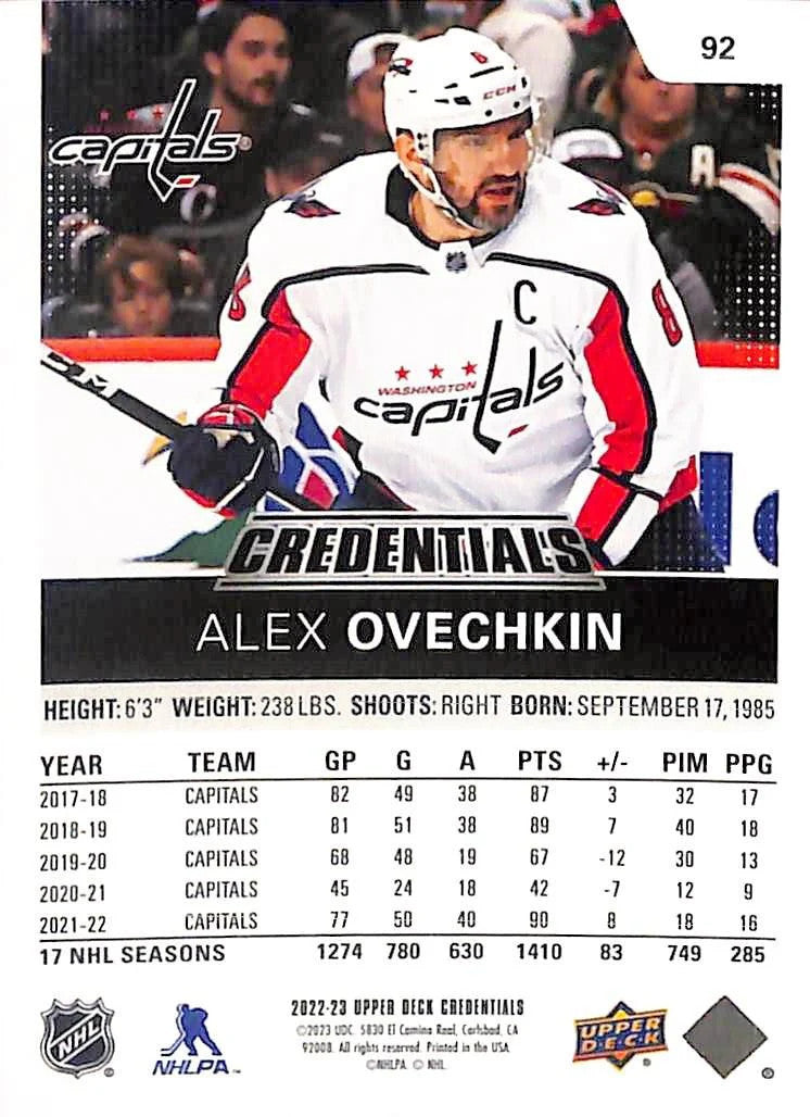 2022-23 Upper Deck Credentials Alex Ovechkin Gold /99 Capitals
