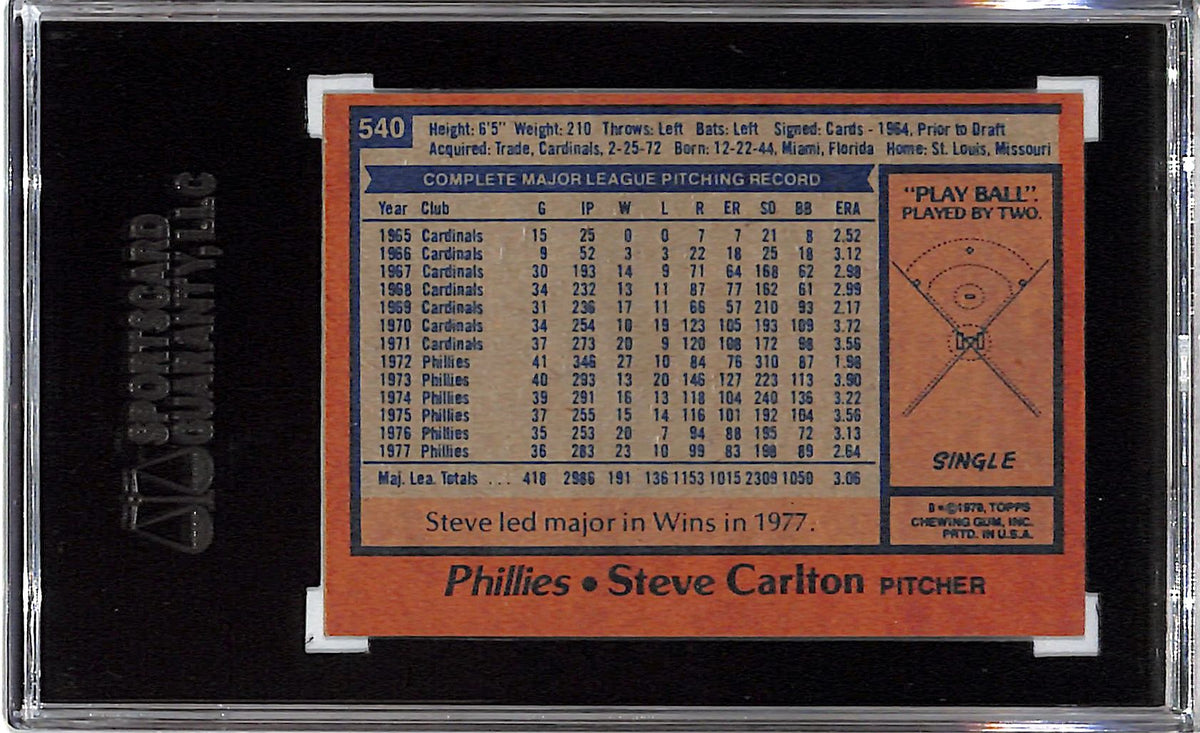 1978 Topps Steve Carlton #540 SGC 8.5 Philadelphia Phillies