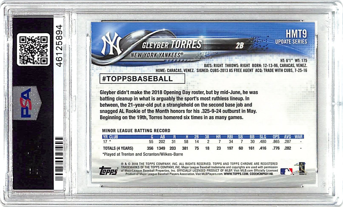 2018 Topps Chrome Update Gleyber Torres Rookie #HMT9 PSA 10 New York Yankees