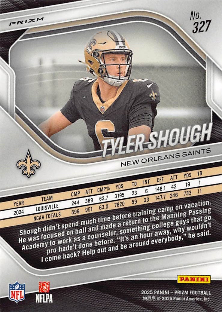 2025 Panini Prizm Football Tyler Shough Orange Ice Rookie RC #327 Saints