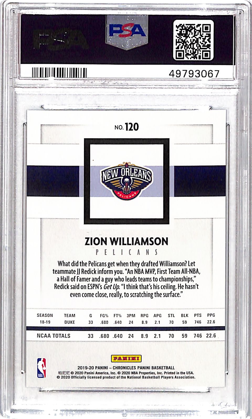2019 Panini Chronicles Zion Williamson #120 PSA 10