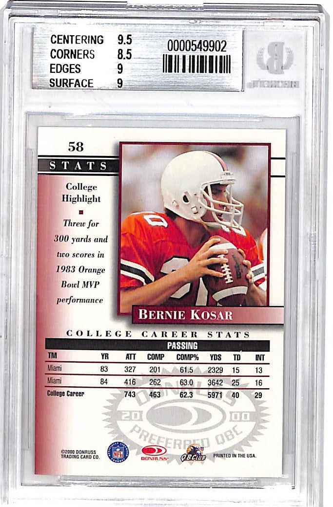 2000 Donruss Preferred QBC Bernie Kosar Graded Series /1125 #58 BGS 9 Miami Hurricanes