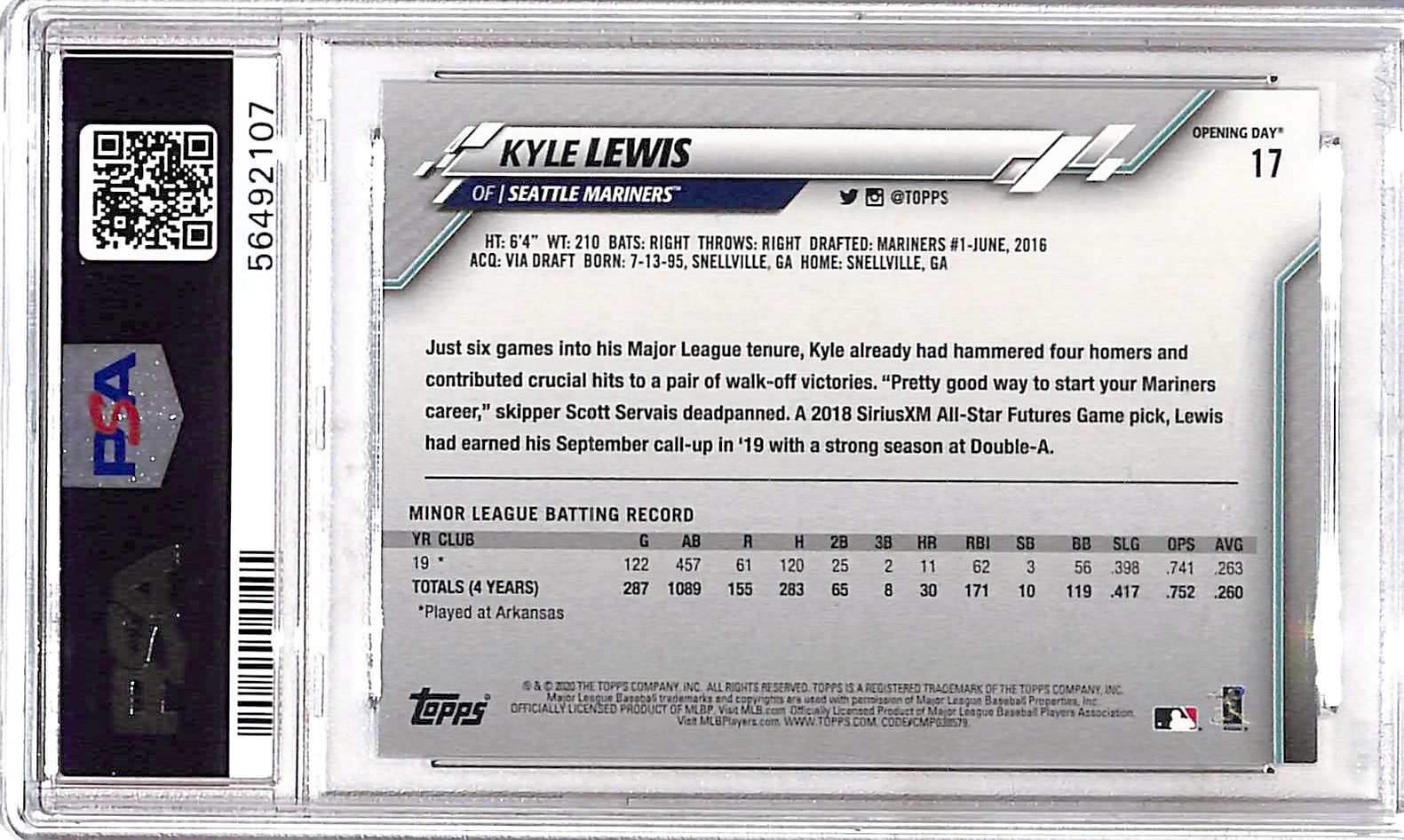 2020 Topps Opening Day Kyle Lewis #17 PSA 10