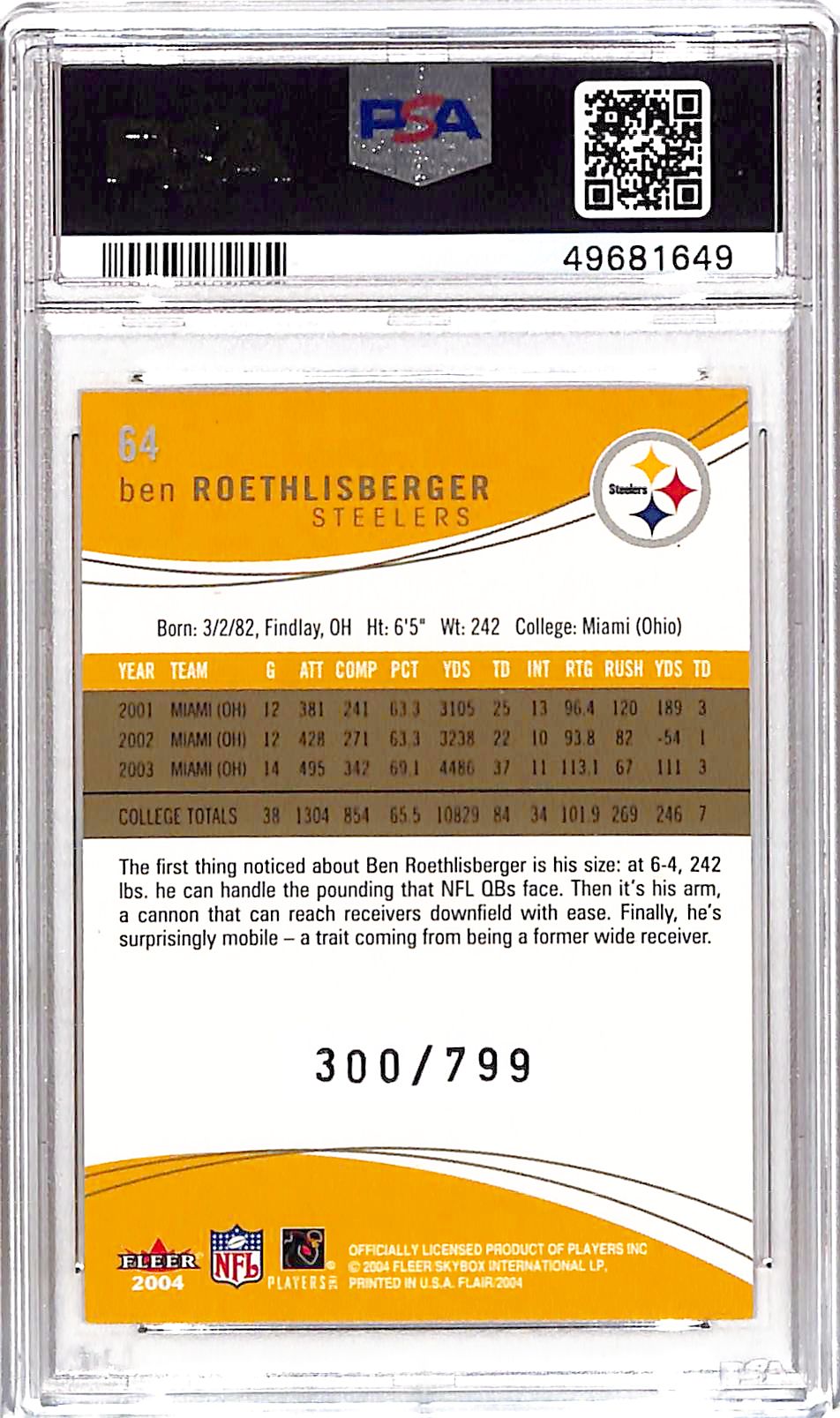 2004 Flair Ben Roethlisberger /799 Rookie #64 PSA 8 Pittsburgh Steelers
