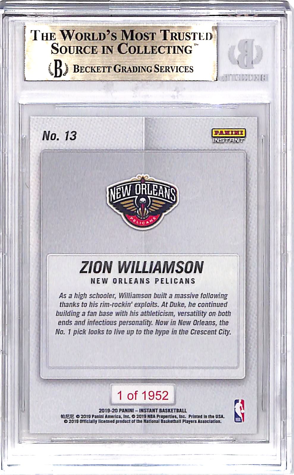 2019 Panini Instant Zion Williamson #13 /1952 BGS 9.5