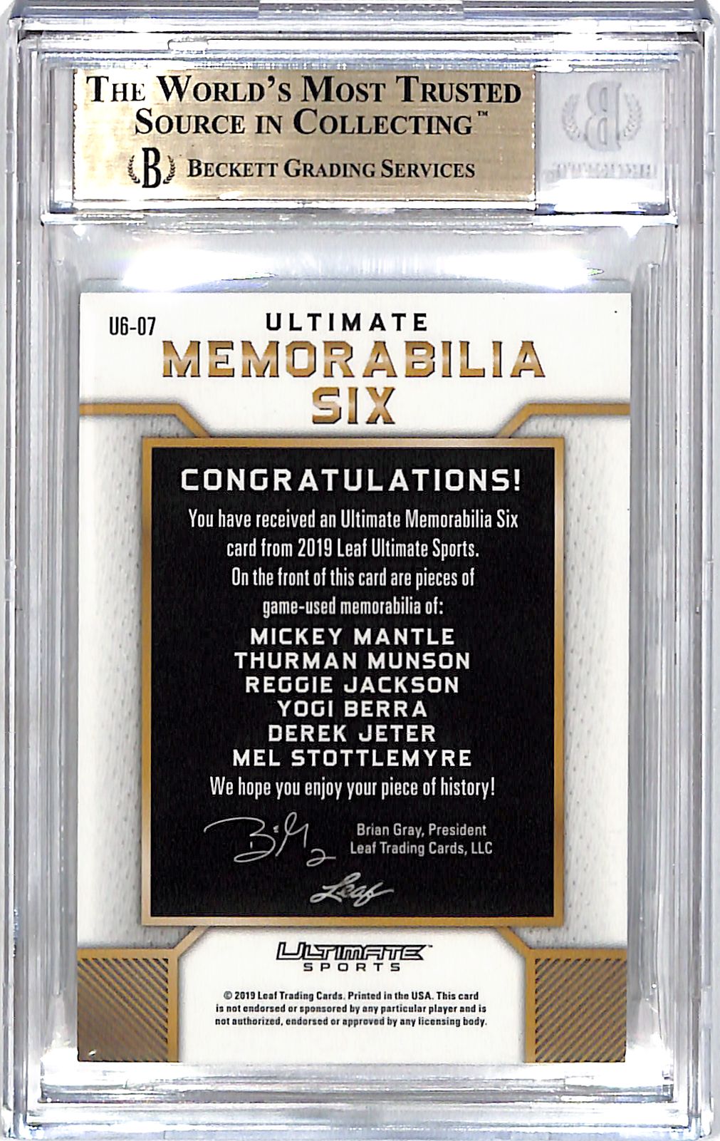 2019 Leaf Ultimate Mantle/Jackson/Jeter/Munson/Berra Jersey /25 U6-07 BGS 9.5