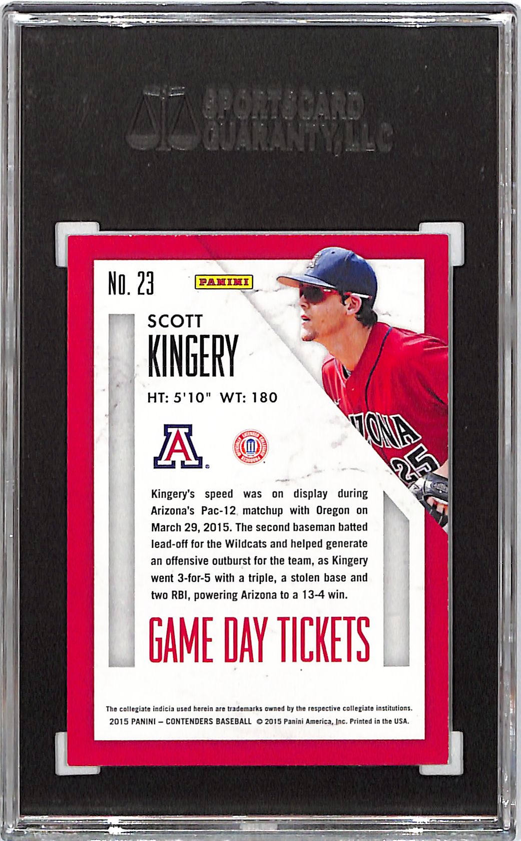 2015 Contenders Scott Kingery Auto Game Day Rookie #23 SGC Authentic Arizona