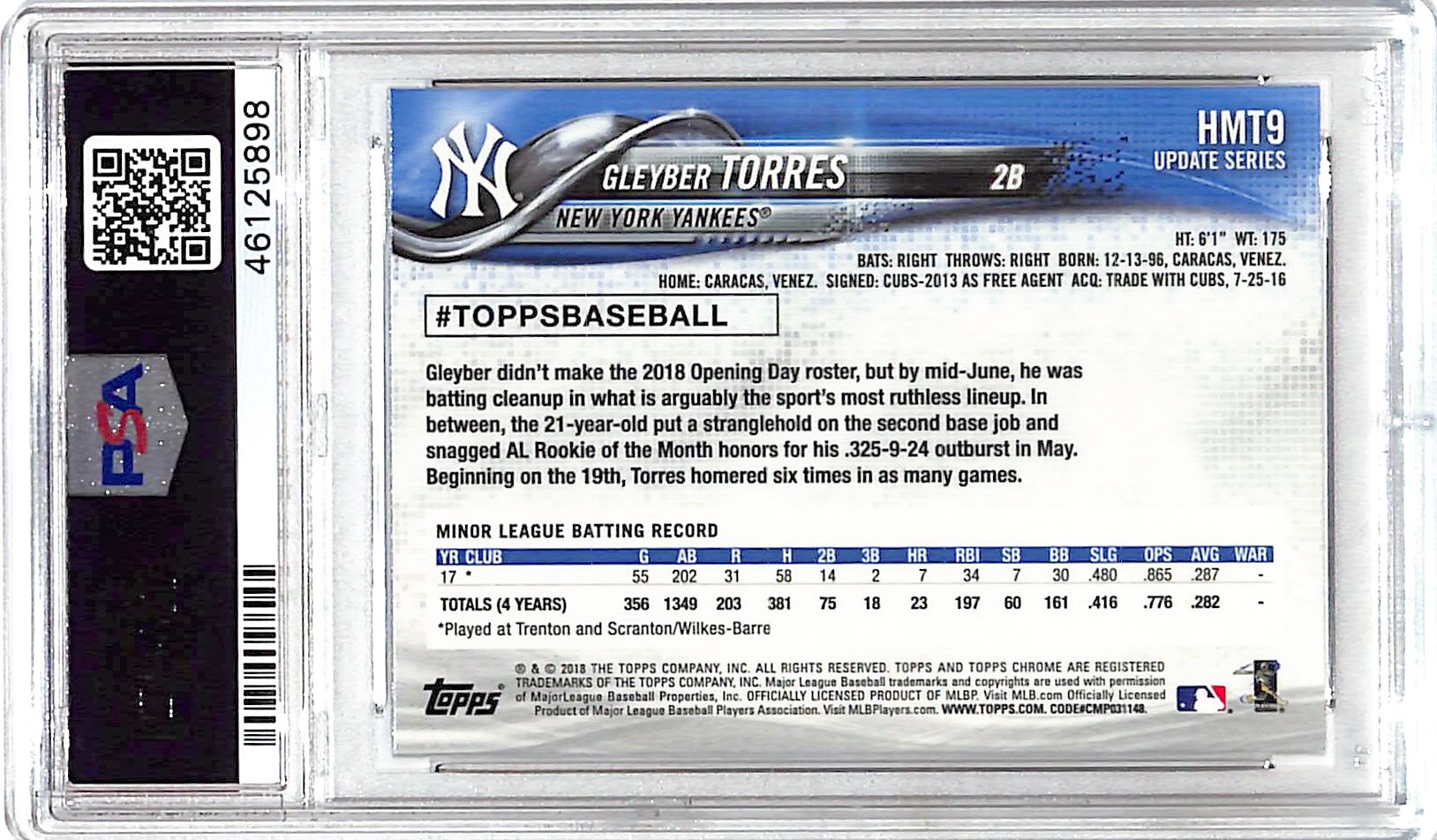 2018 Topps Chrome Update Gleyber Torres #HMT9 PSA 9