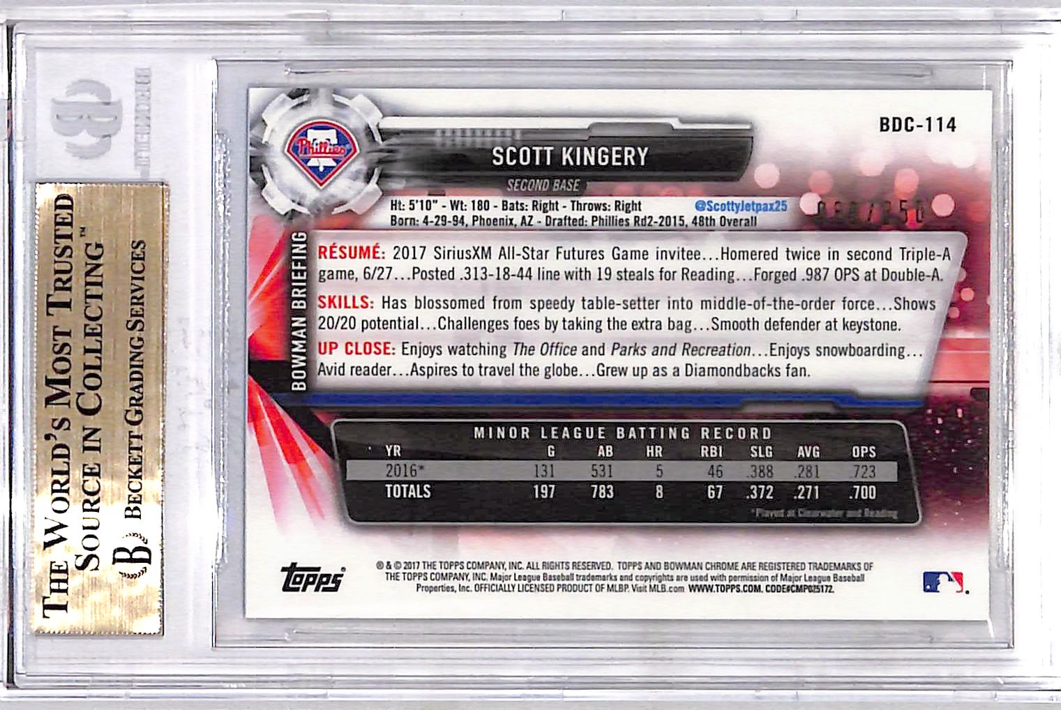 2017 Bowman Chrome Draft Purple Refractors Scott Kingery #BDC114 BGS 9.5