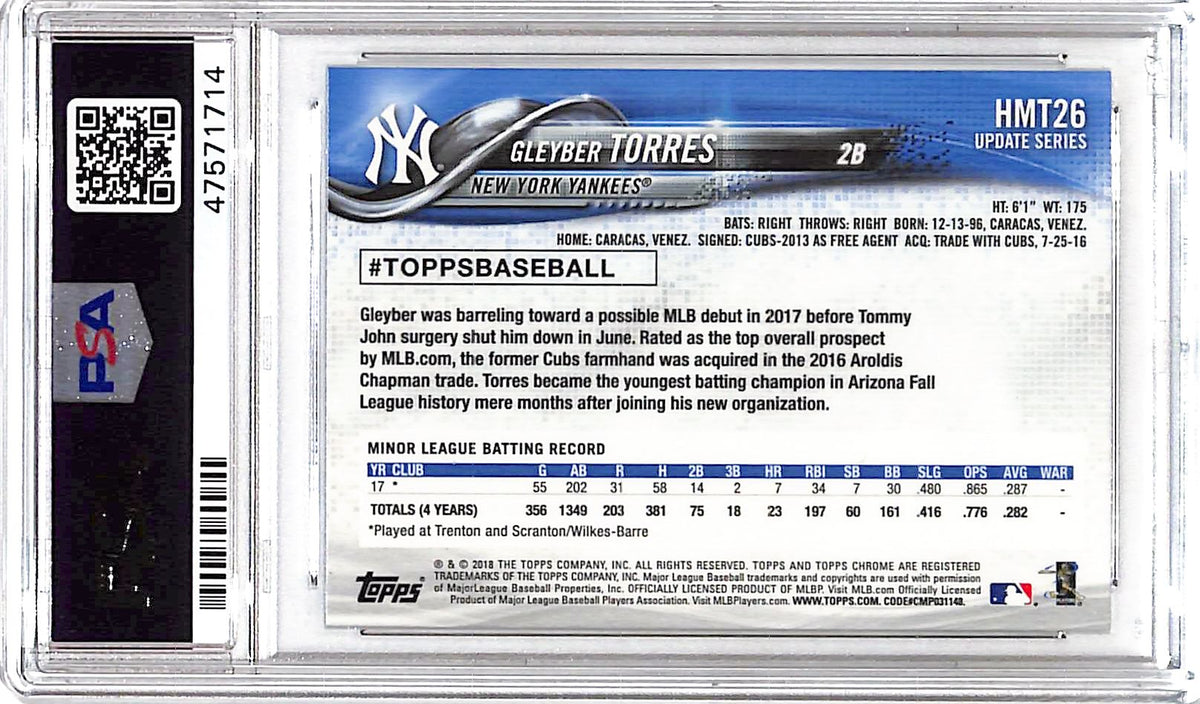 2018 Topps Chrome Update Gleyber Torres Rookie #HMT26 PSA 10 New York Yankees