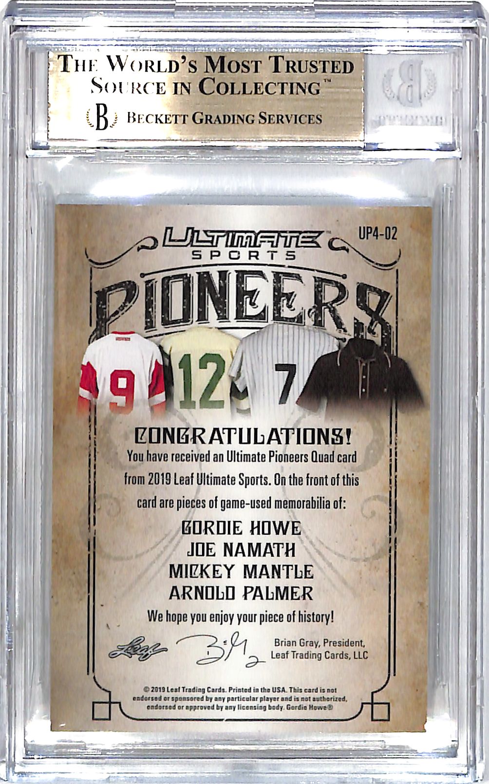2019 Leaf Ultimate Sports Howe/Namath/Mantle/Palmer Materials /20 UP4-02 BGS 9.5