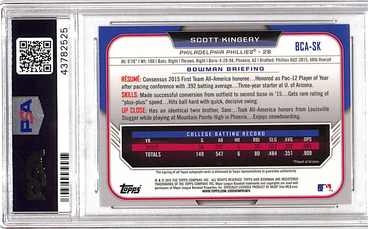 2015 Bowman Chrome Draft Pick Autograph Scott Kingery #BCASK PSA 9