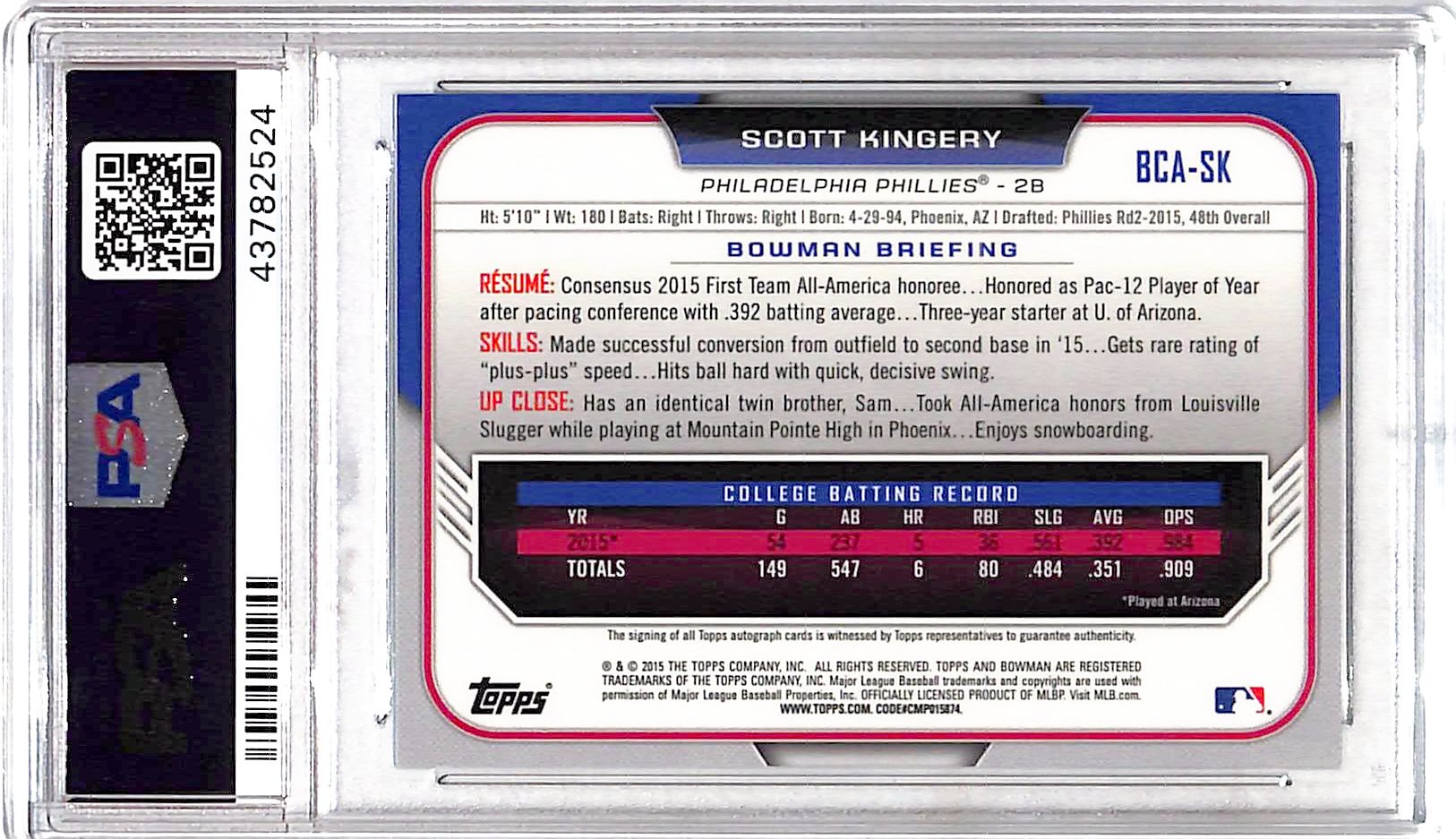 2015 Bowman Chrome Draft Pick Autograph Scott Kingery #BCASK PSA 9