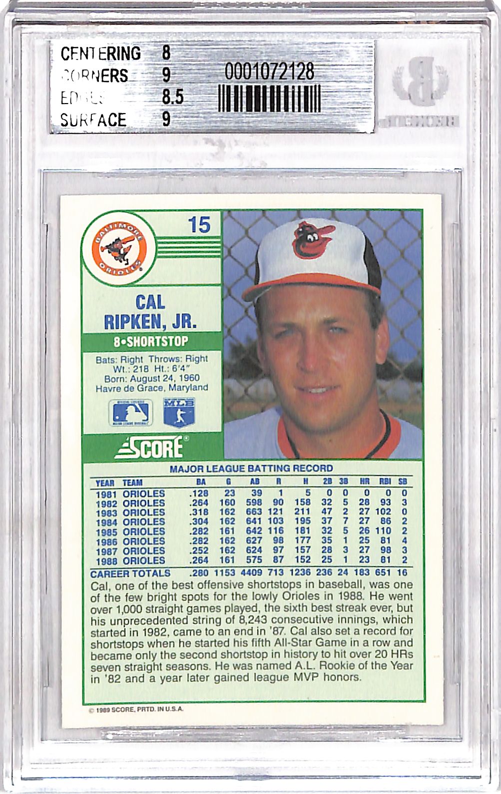 1991 O-Pee-Chee Premier Cal Ripken #100 BGS 7.5