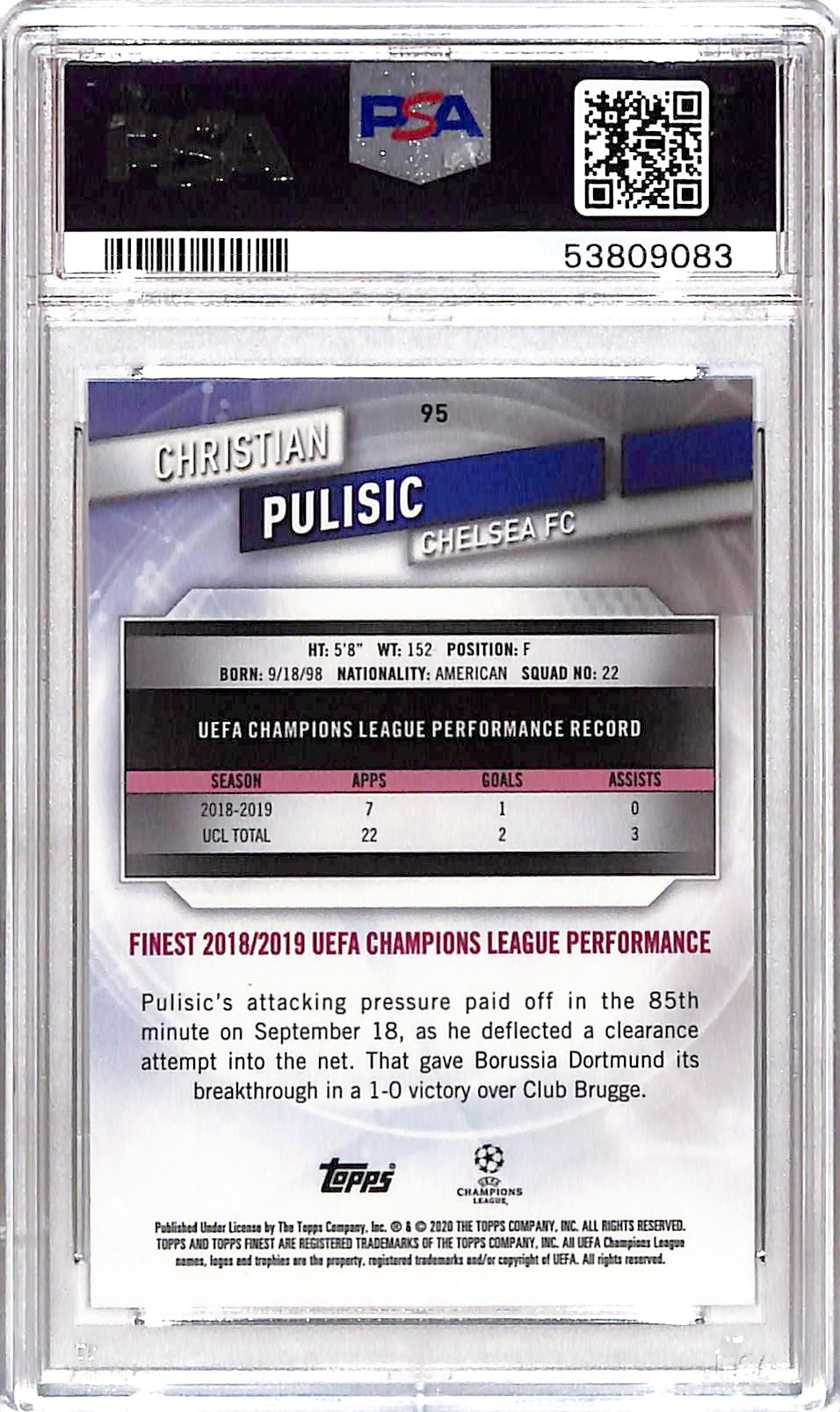 2019 Finest UEFA Champions League Christian Pulisic #95 PSA 9 Chelsea
