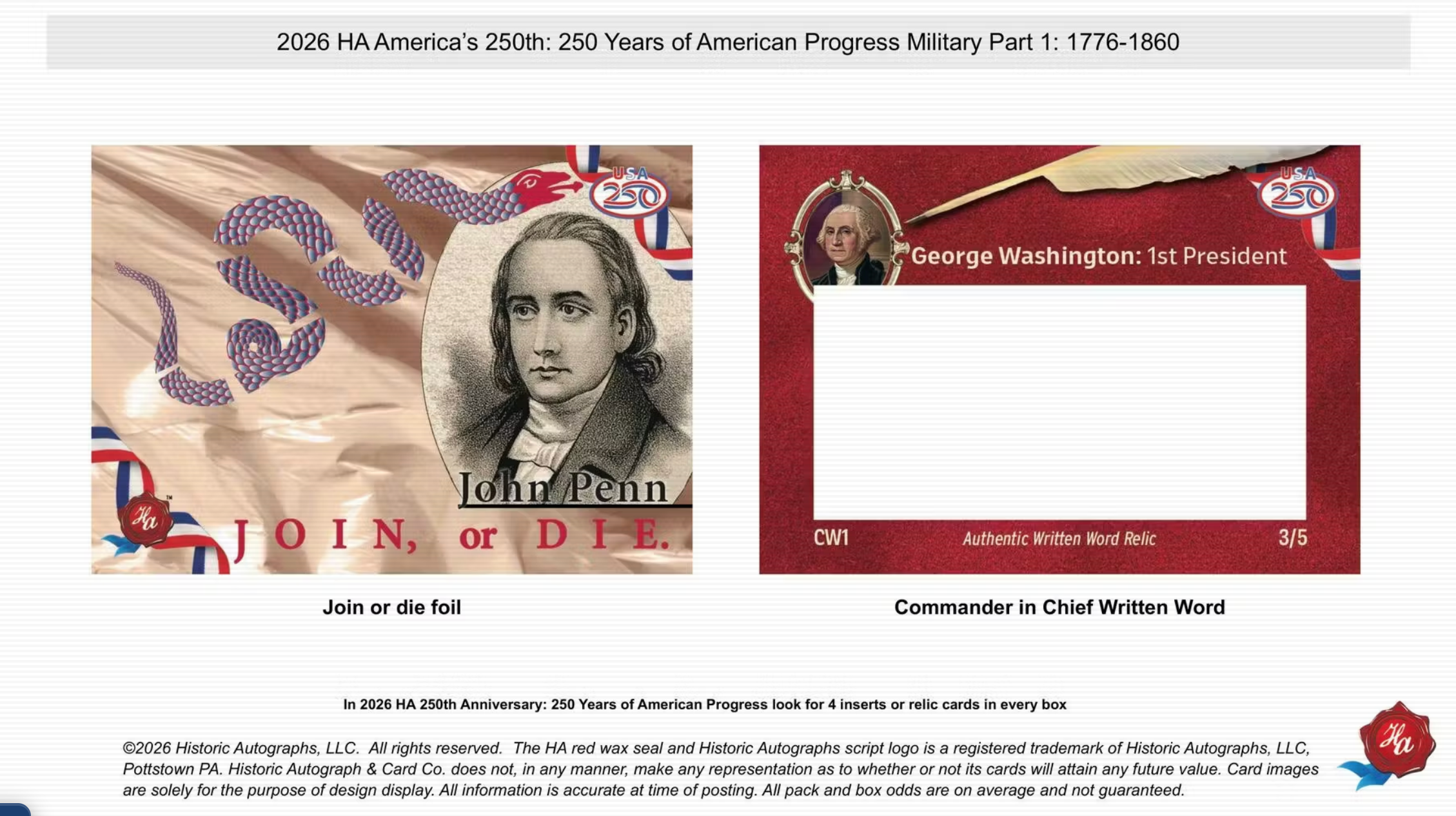 2026 Historic Autographs America's 250th Anniversary Military Part 1 Hobby Box
