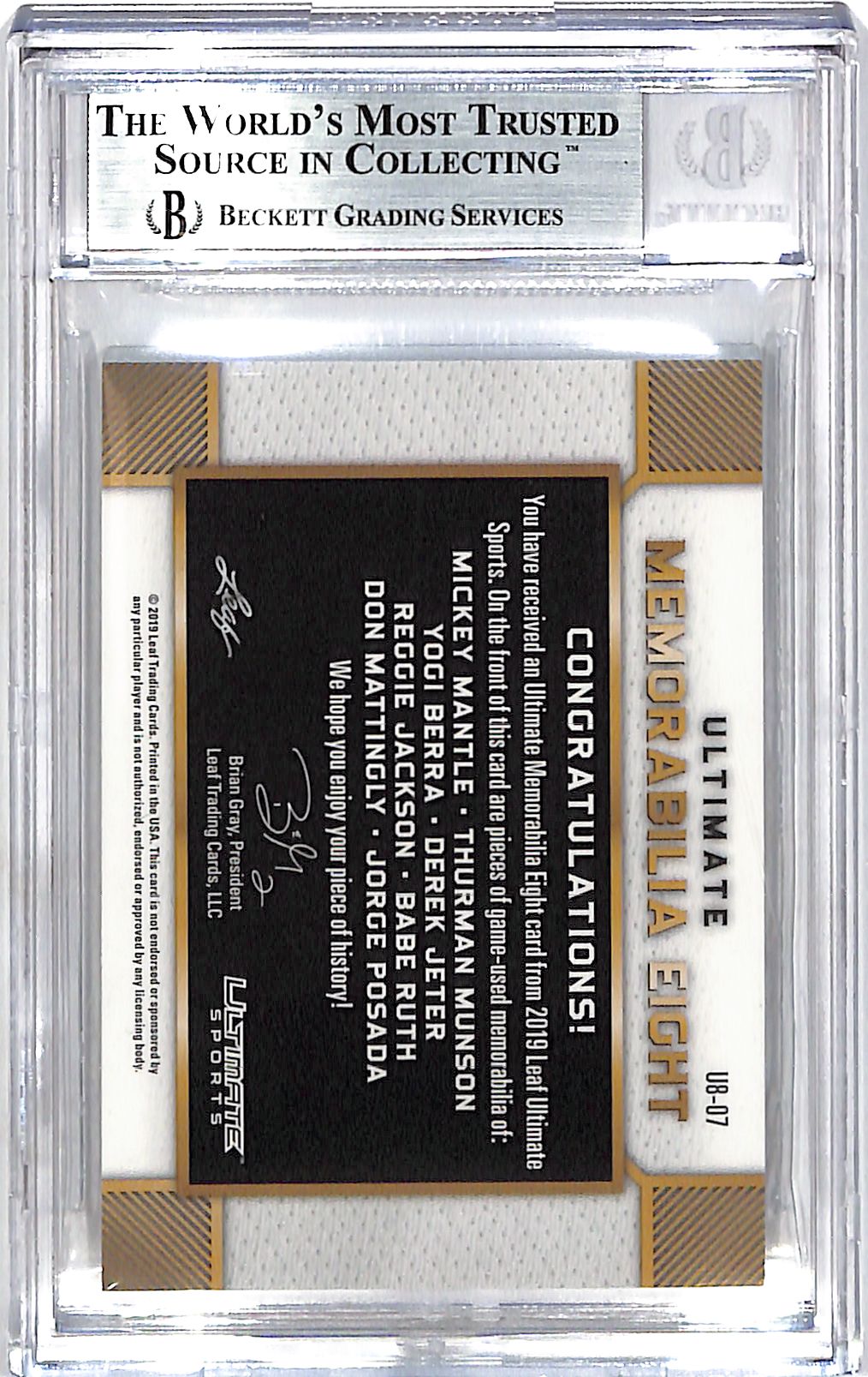 2019 Leaf Ultimate Mantle/Jackson/Mattingly/Munson/Jeter/Ruth Patch /2 BGS 9