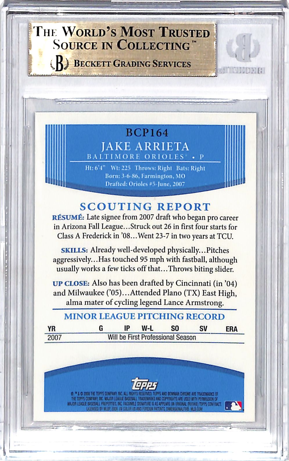 2008 Bowman Chrome Prospects Jake Arrieta #BCP164 BGS 9.5