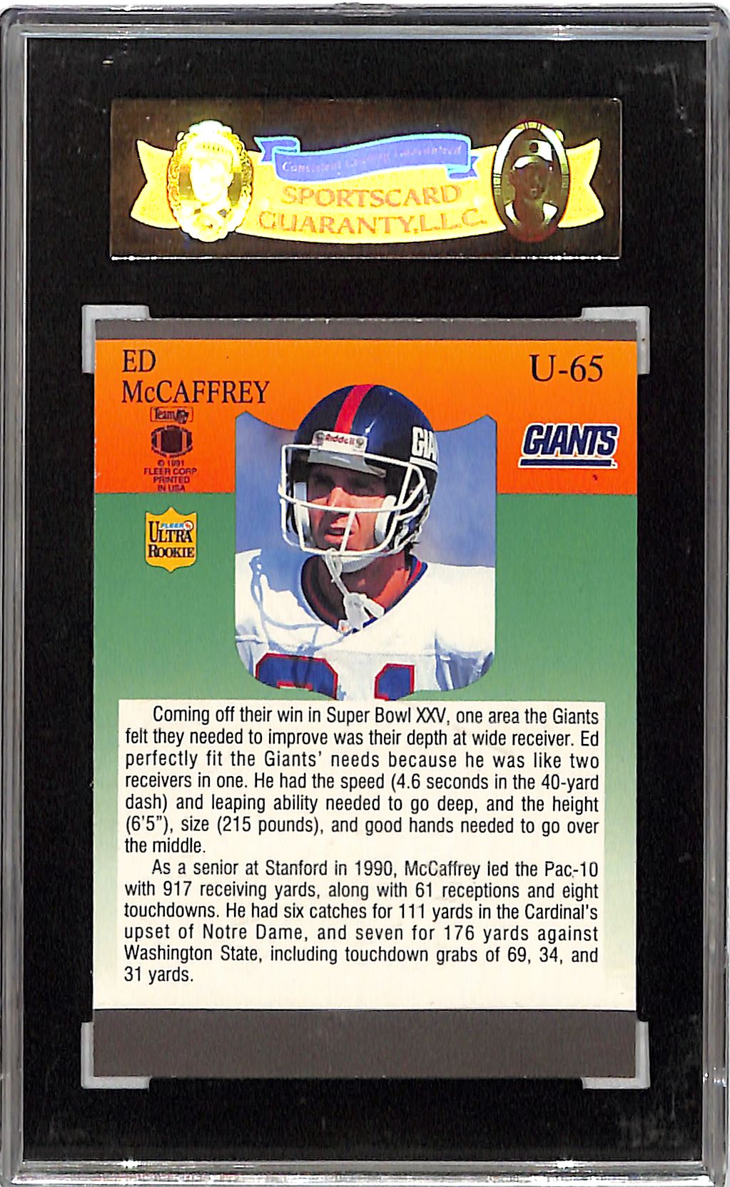 1991 Fleer Ultra Update Ed McCaffrey Rookie #65 SGC 8.5 New York Giants