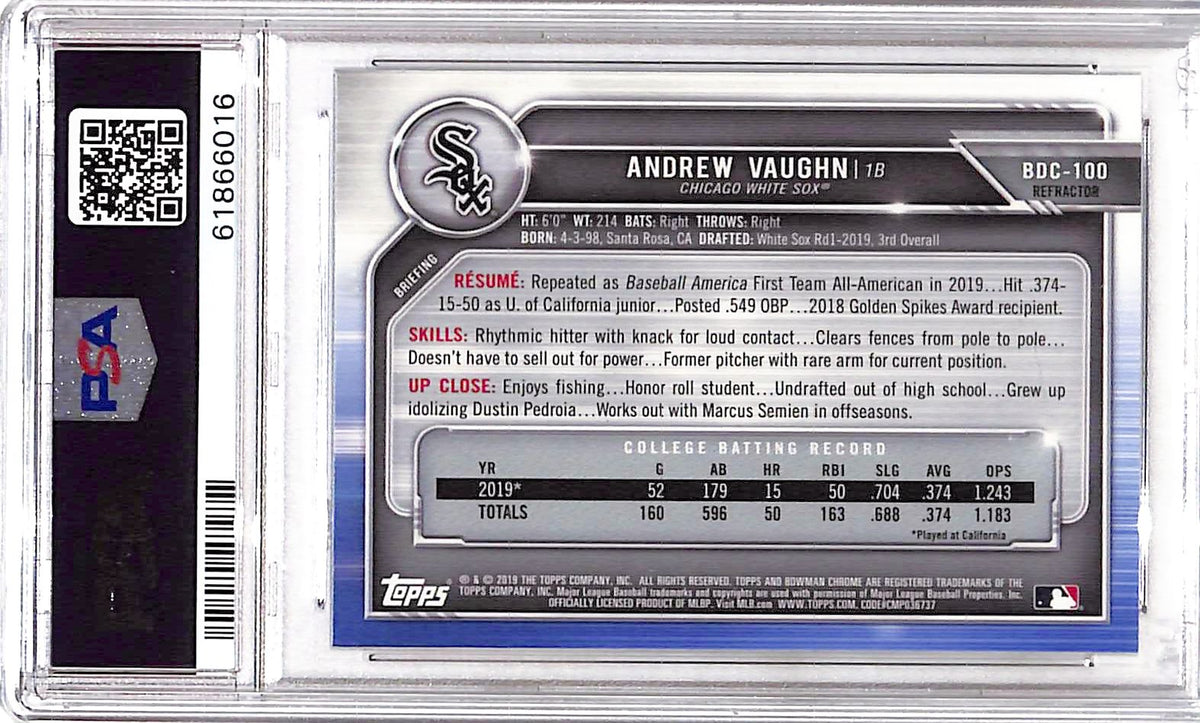 2019 Bowman Draft Andrew Vaughn #BDC100 Chrome No Ball Refractor PSA 9