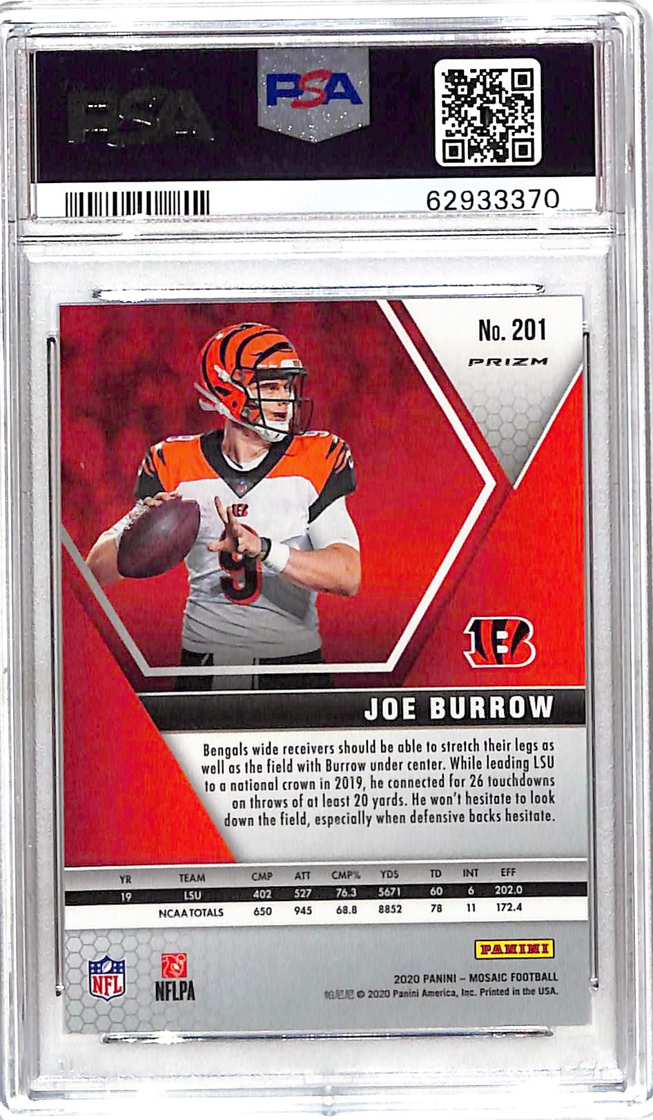 2020 Panini Mosaic Joe Burrow Rookie #201 PSA 10 Cincinnati Bengals