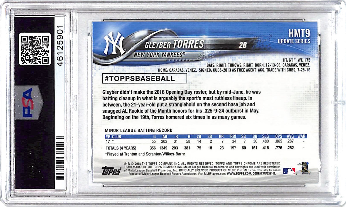 2018 Topps Chrome Update Gleyber Torres Rookie #HMT9 PSA 10 New York Yankees