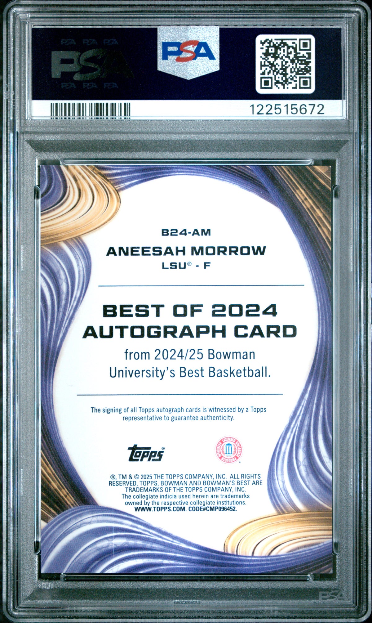 2024 Bowman University Best Auto Aneesah Morrow Yellow Lazer /75 Rookie PSA 10