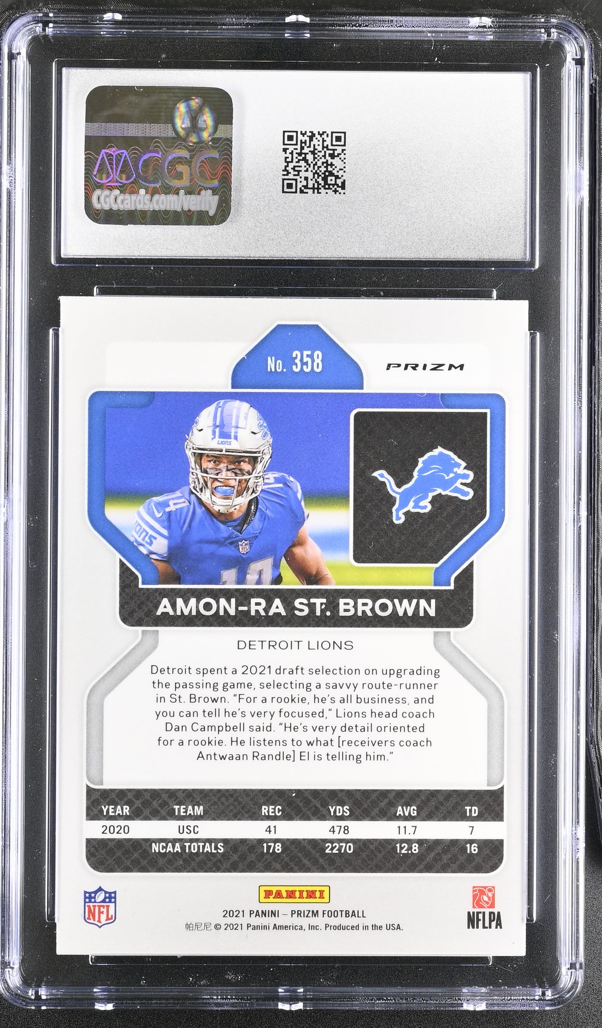 2021 Panini Prizm Amon-Ra St. Brown Red White & Blue Rookie #358 CGC 9 Lions