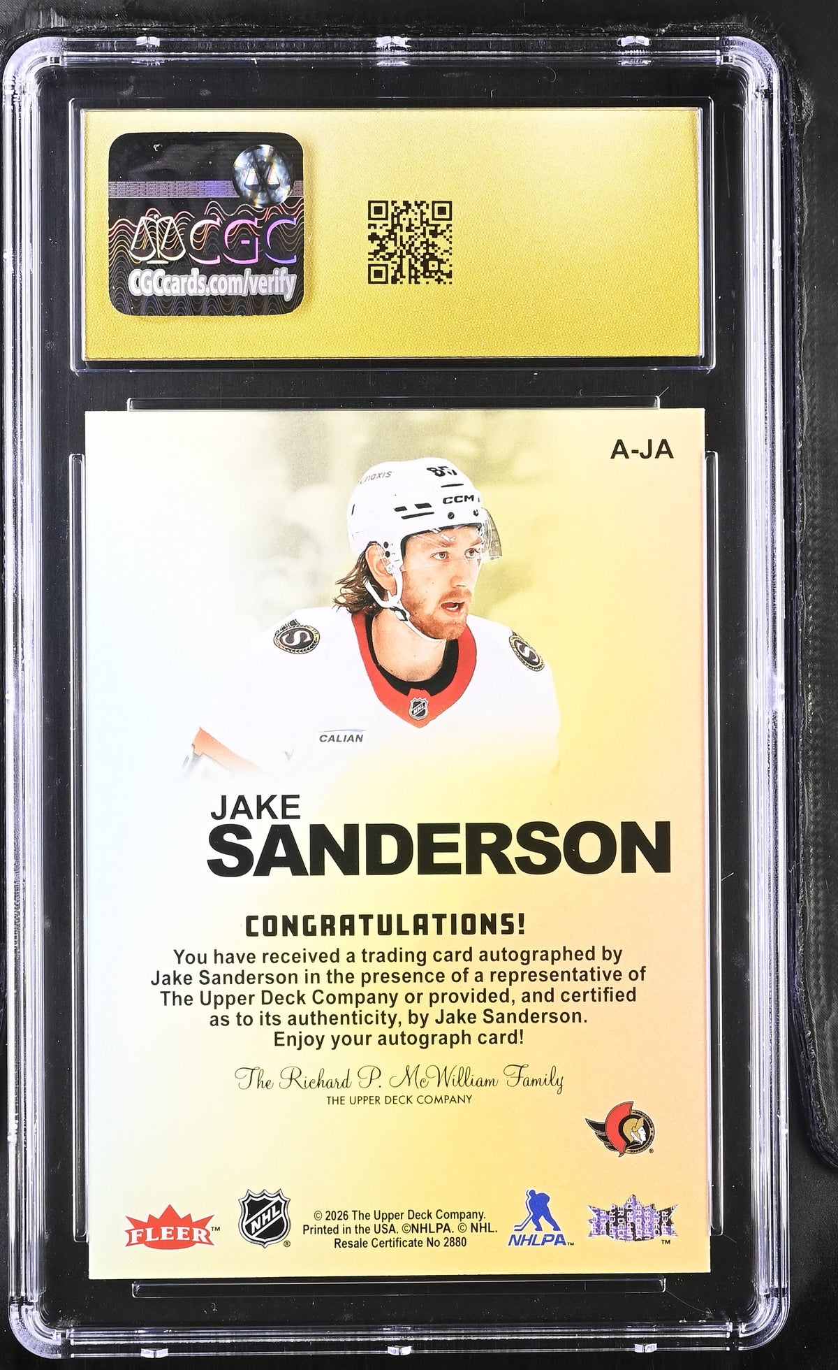 2025-26 Flair Jake Sanderson Autographics #A-JA CGC 10 Ottawa Senators