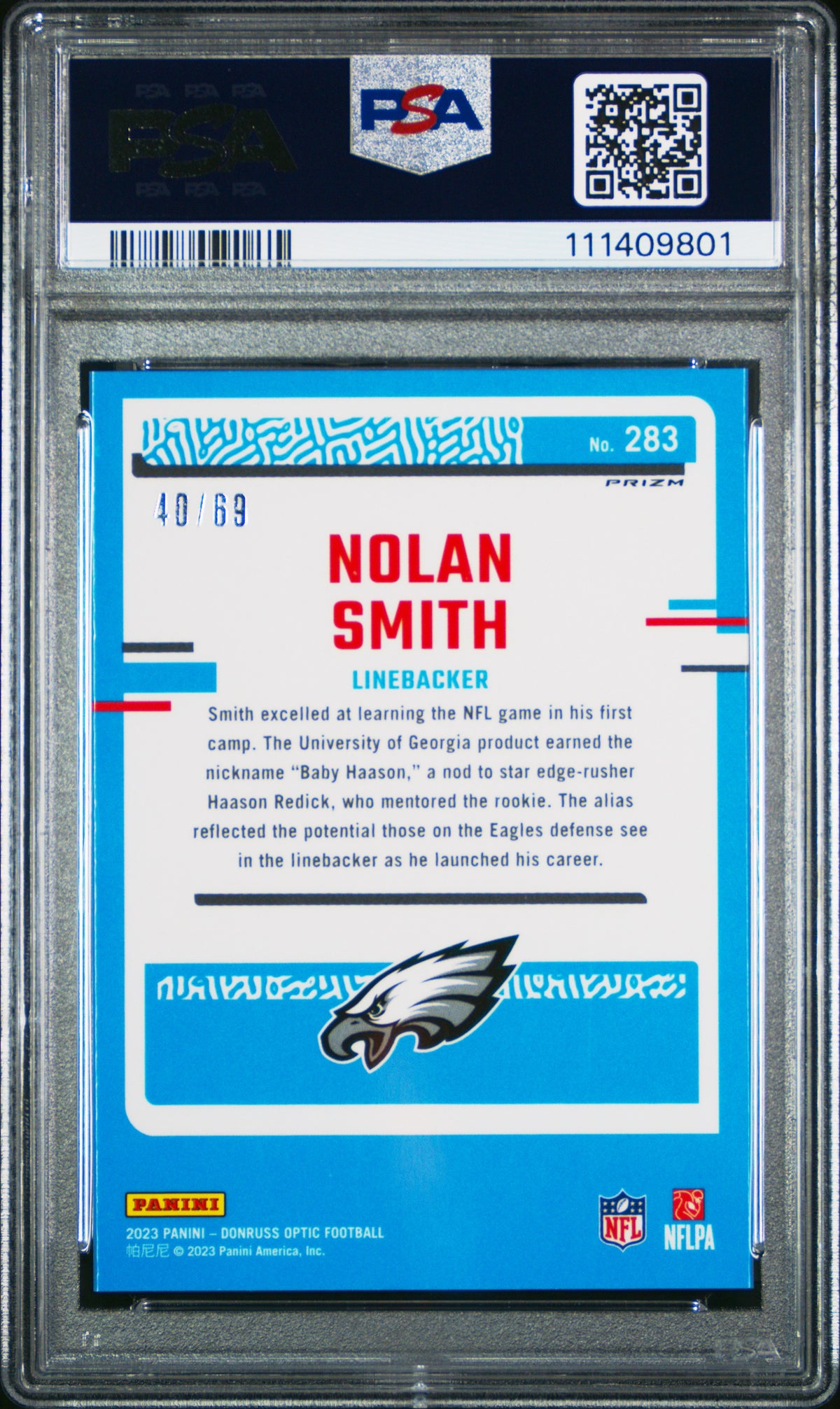 2023 Panini Donruss Optic Nolan Smith Electricity /69 Rookie #283 PSA 9 Eagles