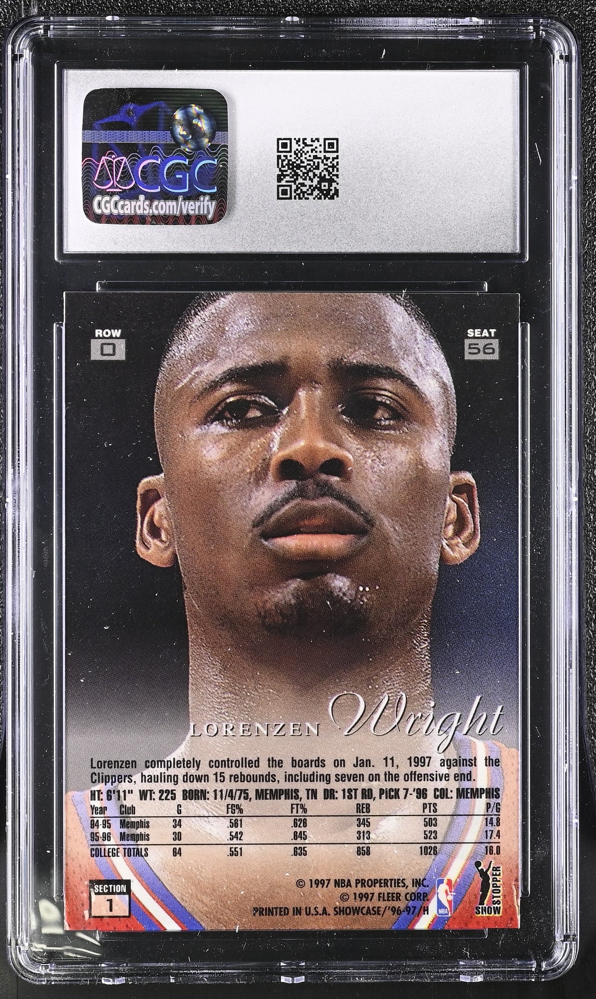 1996-97 Flair Showcase Lorenzen Wright Row 0 #56 CGC 9 Los Angeles Clippers