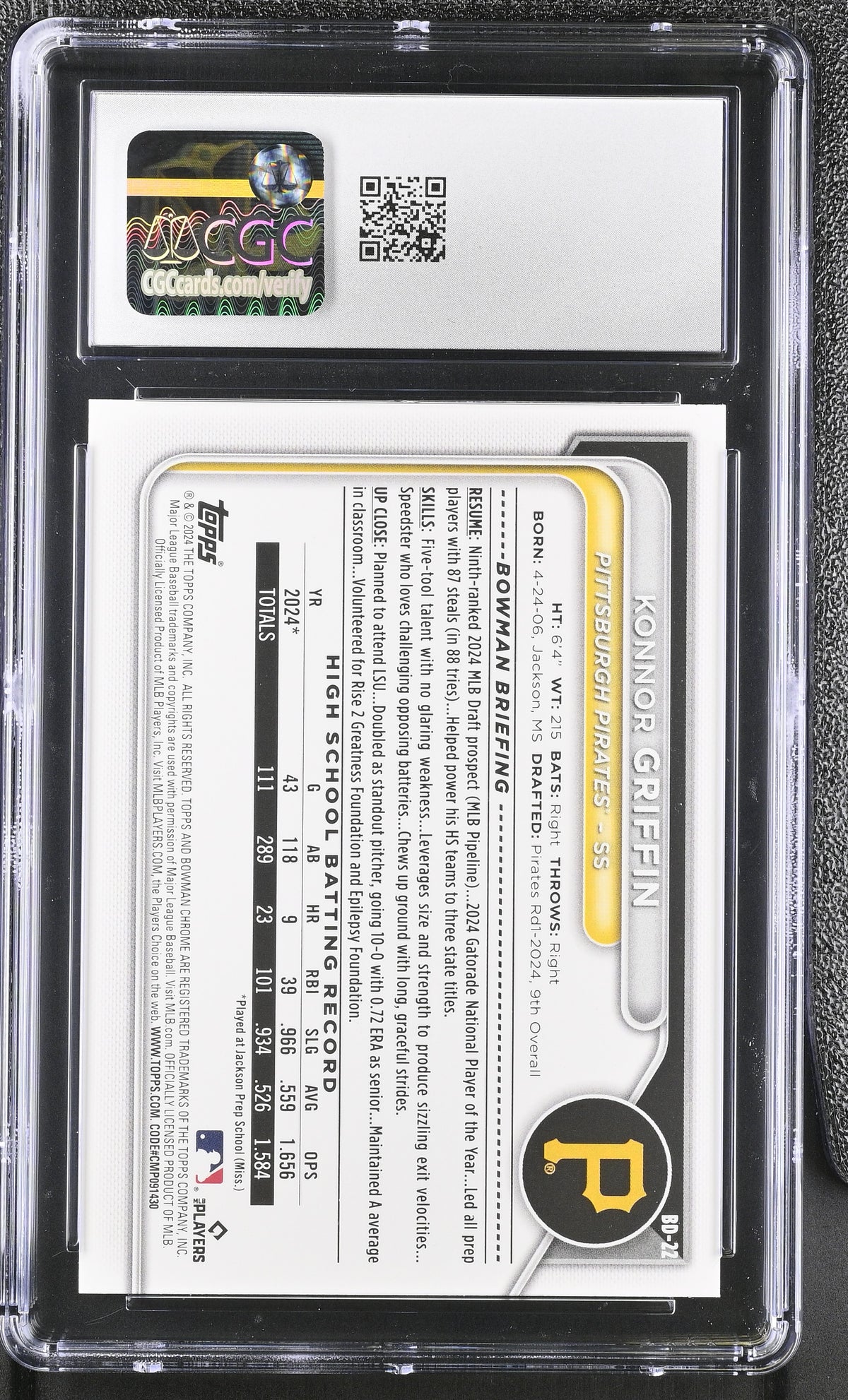 2024 Bowman Draft Konnor Griffin Rookie #BD-22 CGC 10 Pittsburgh Pirates