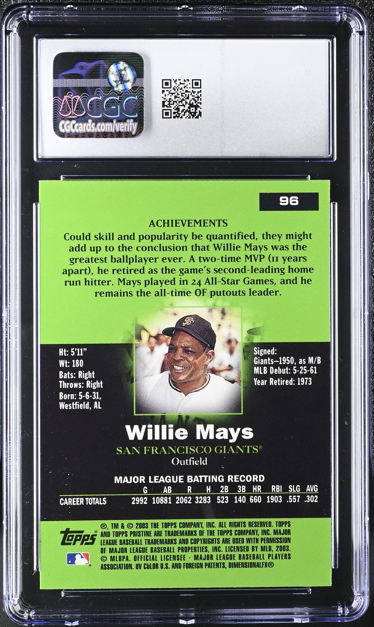 2003 Topps Pristine Willie Mays #96 CGC 9.5 San Francisco Giants