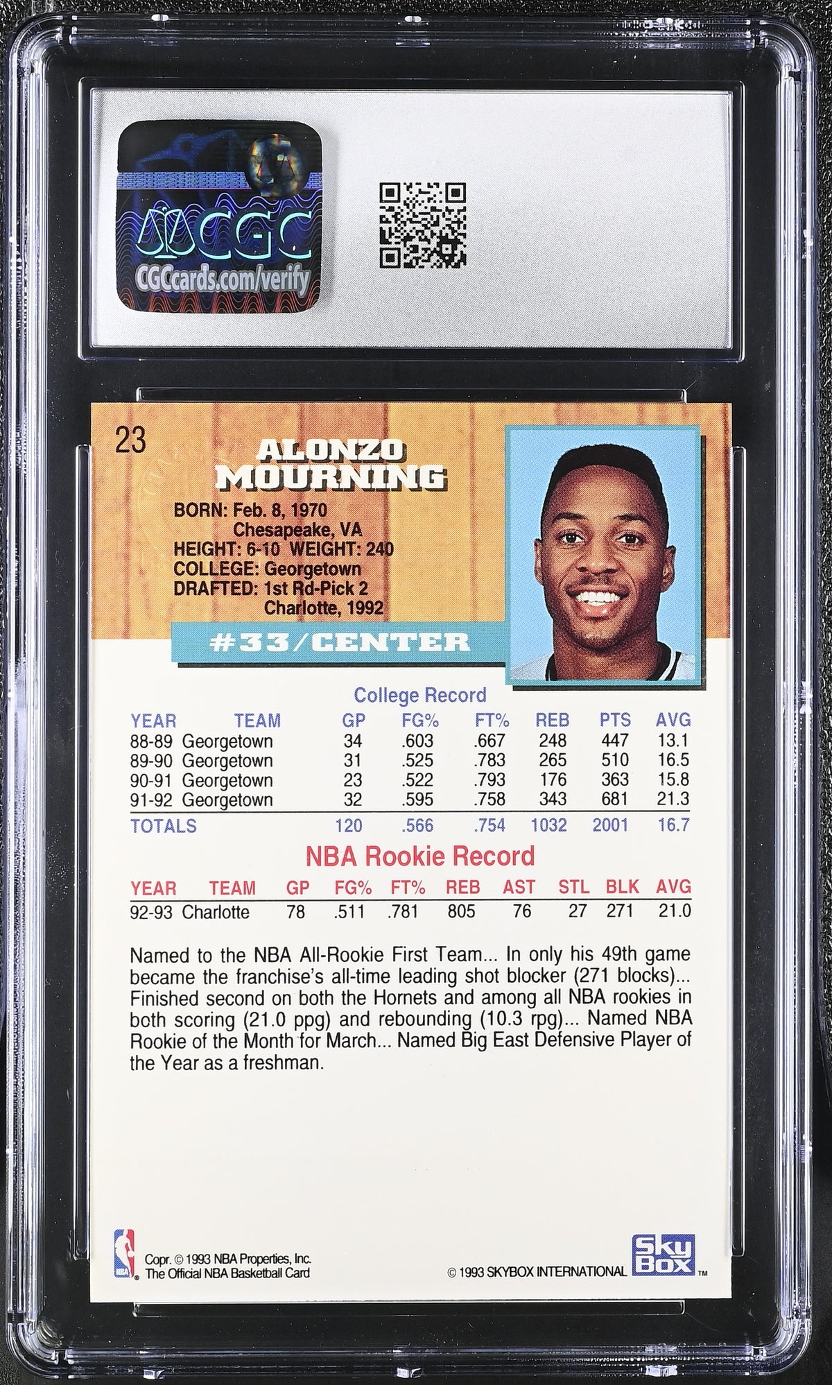 1993-94 Hoops Alonzo Mourning 5th Anniversary #23 CGC 9.5 Charlotte Hornets