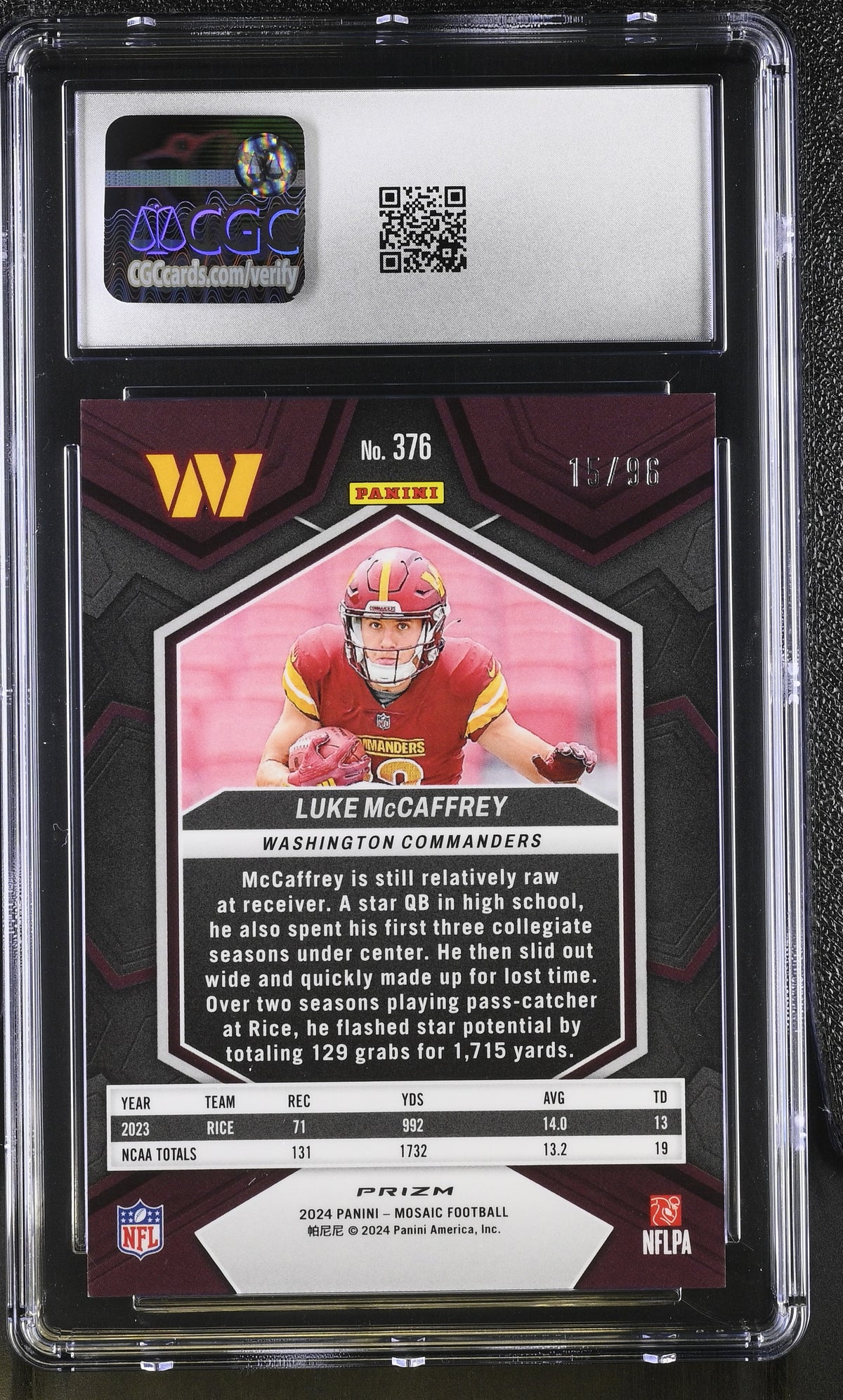 2024 Panini Mosaic Luke McCaffrey Blue Sparkle /96 Rookie 376 CGC 9.5 Commanders