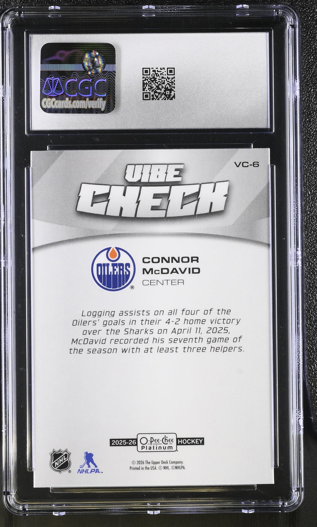 2025-26 O-Pee-Chee Platinum Connor McDavid Vibe Check #VC-6 CGC 10 Oilers