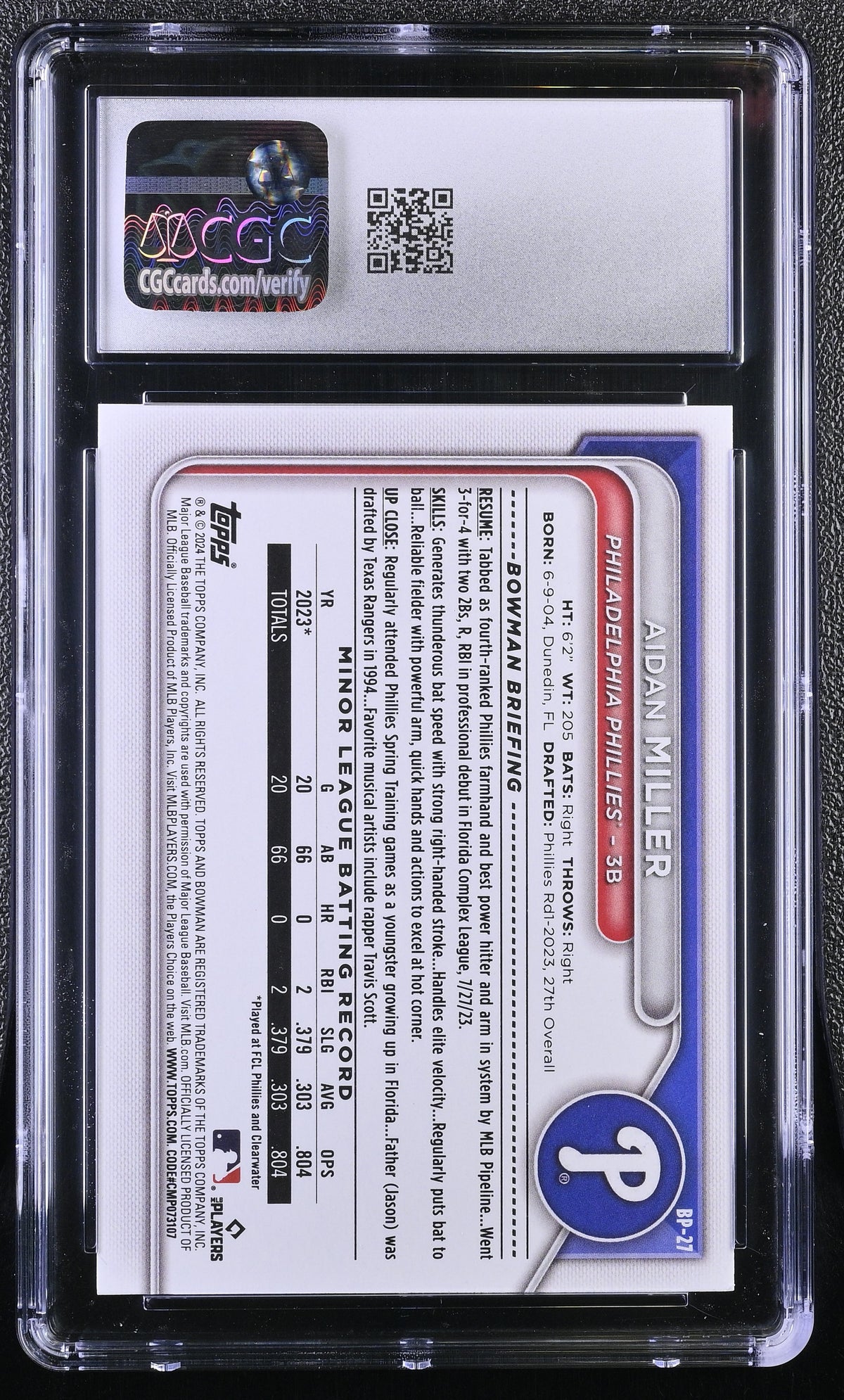 2024 Bowman Aidan Miller Rookie Prospects #BP-27 CGC 9.5 Philadelphia Phillies