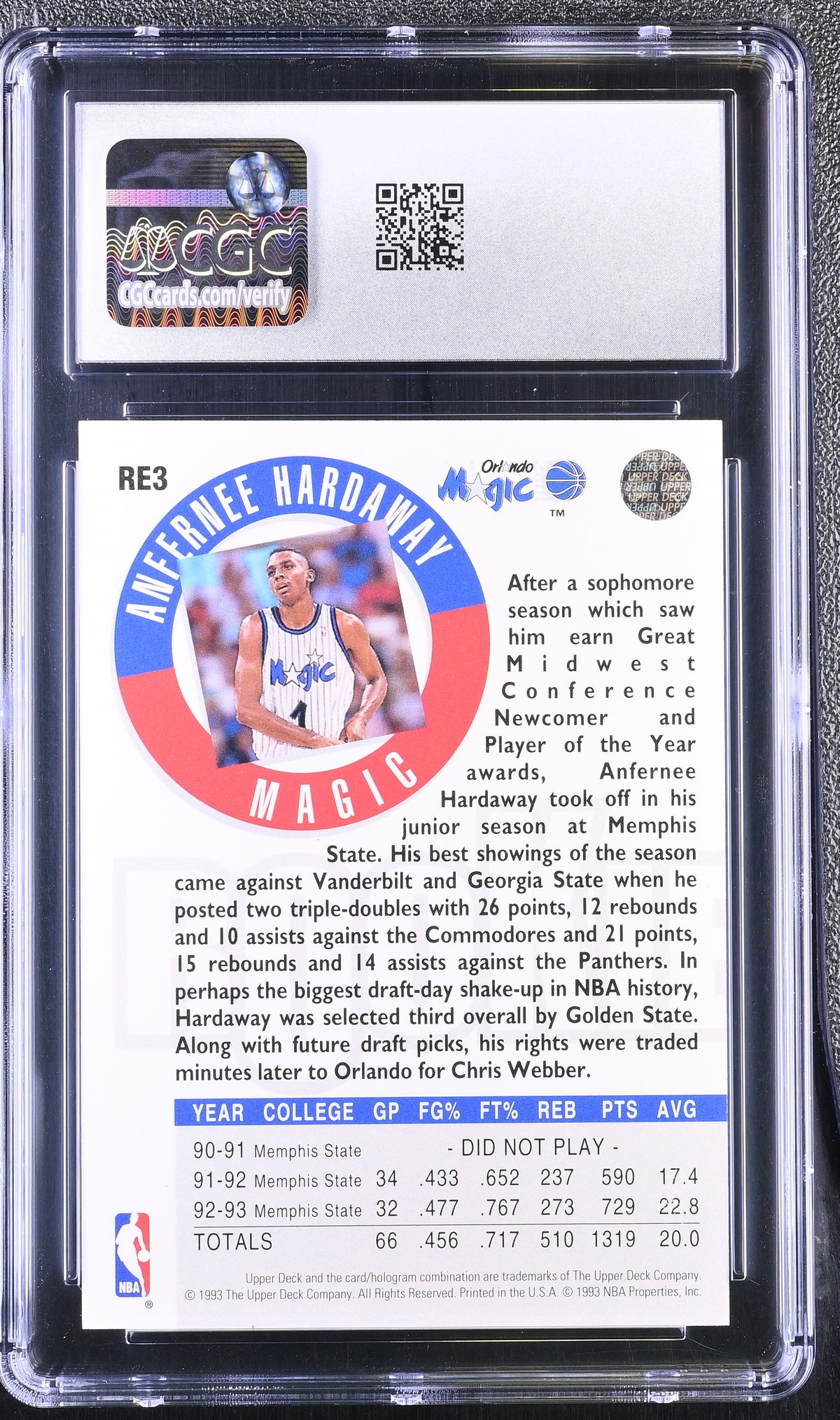 1993-94 Upper Deck Anfernee Hardaway Rookie Exchange #RE3 CGC 10 Orlando Magic