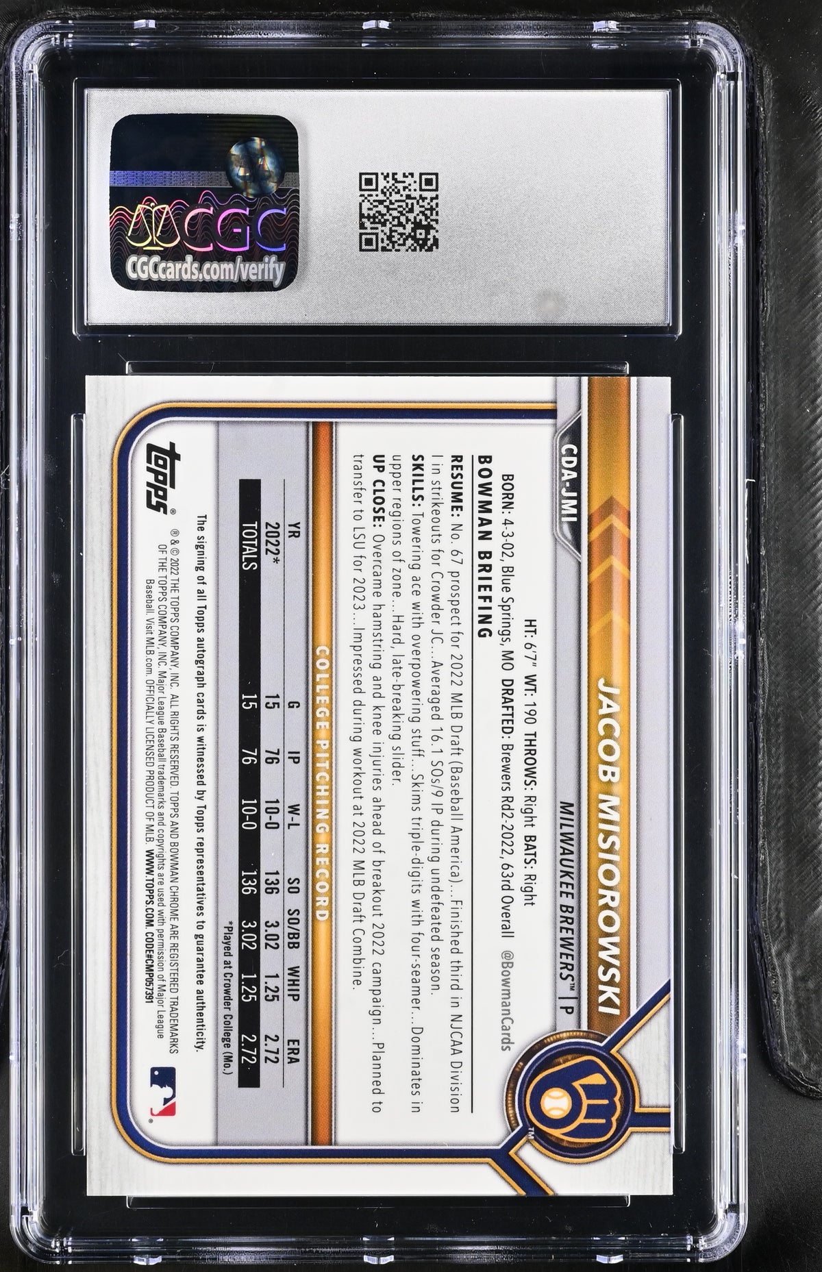 2022 Bowman Draft Jacob Misiorowski Gold Wave /50 Rookie Chrome Auto CGC 9