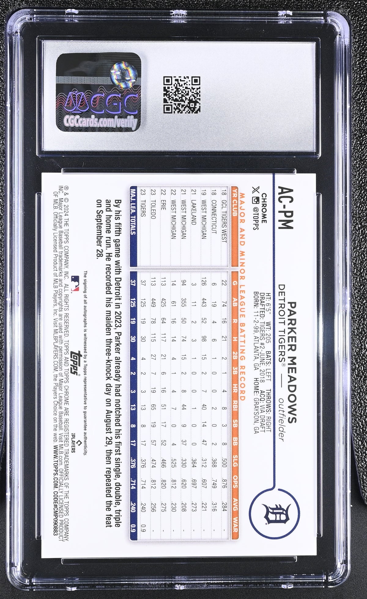 2024 Topps Chrome Update Parker Meadows Blue /150 Rookie Auto #AC-PM CGC 10