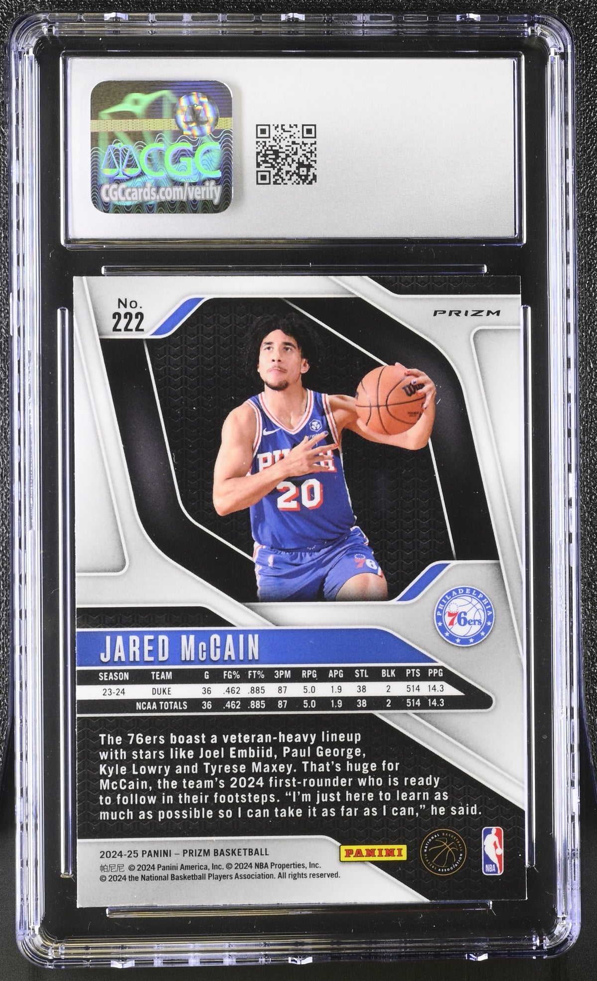 2024-25 Panini Prizm Jared McCain Silver Rookie #222 CGC 9 Philadelphia 76ers